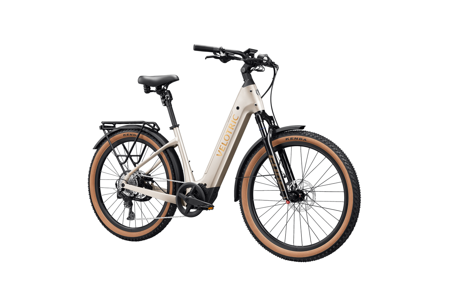 A Velotric Discover M commuter eBike by Velotric, in cream with a step-through frame, front suspension, disc brakes, rear rack, and tan tires, shown angled on a white background.