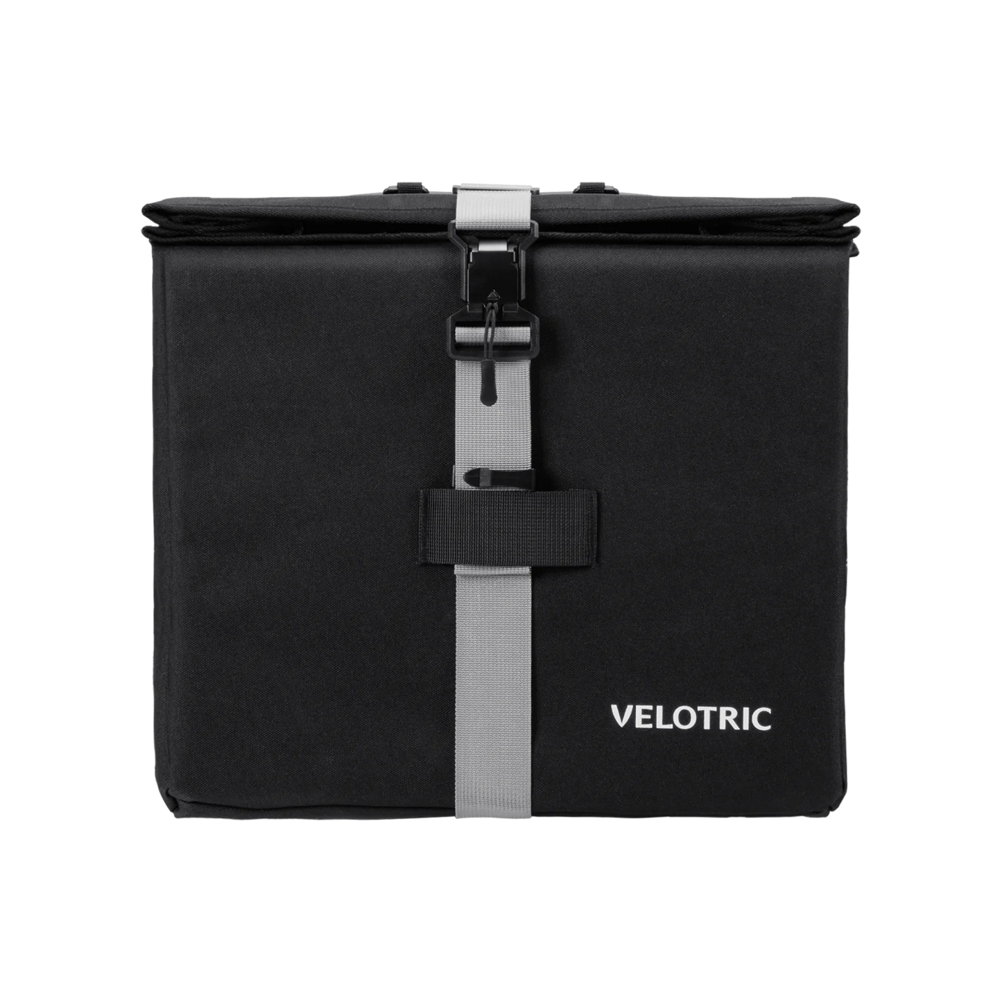 The Velotric Rear Rack Pannier Bag is a black, rectangular waterproof utility bag with a gray strap, buckle closure, and "Velotric" in white on the lower right—designed for your Velotric rear rack.