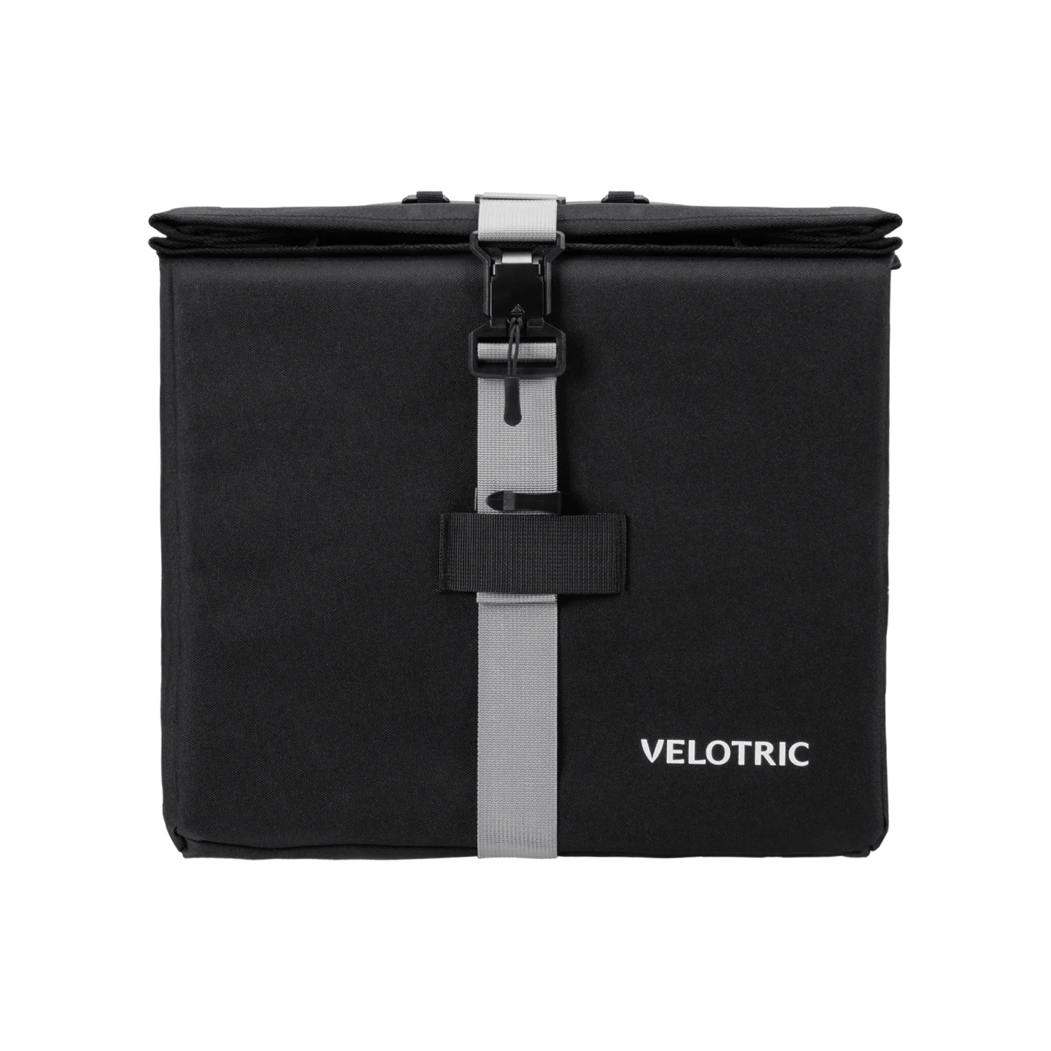 The Velotric Rear Rack Pannier Bag is a black, rectangular waterproof utility bag with a gray strap, buckle closure, and "Velotric" in white on the lower right—designed for your Velotric rear rack.