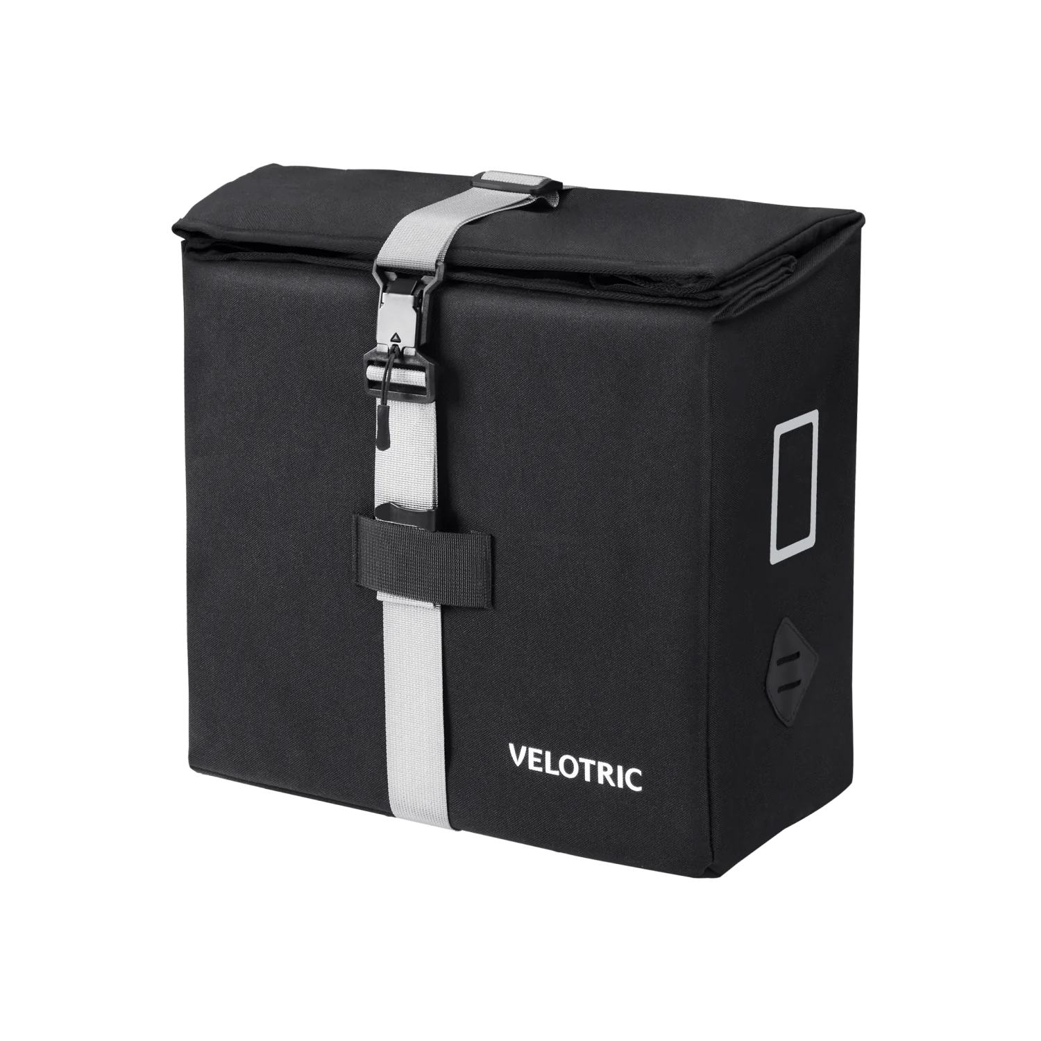 The Velotric - Rear Rack Pannier Bag is a black, rectangular eBike bag with a gray buckle strap, reflective accents, top flap closure, and waterproof design.