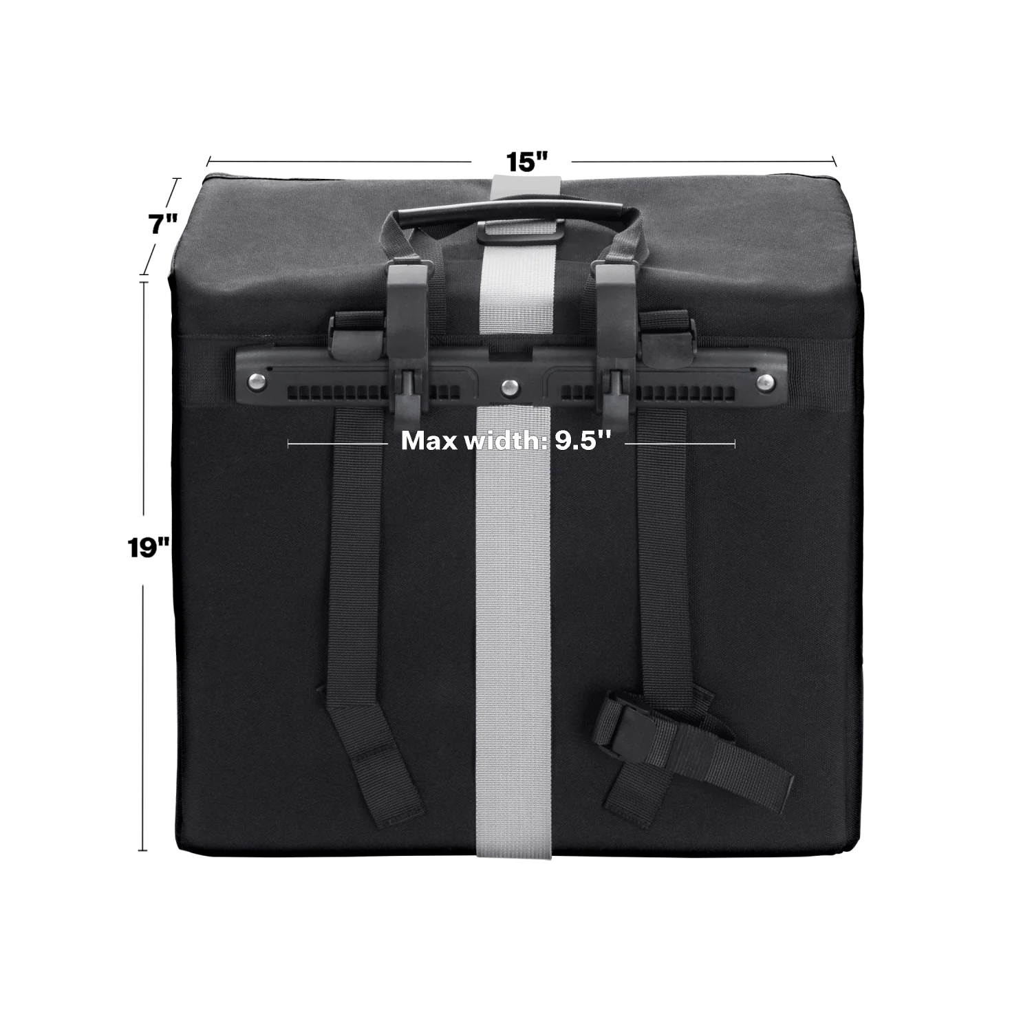The Velotric Rear Rack Pannier Bag by Velotric is a black, waterproof rectangular eBike bag with a handle, adjustable straps, a white center stripe, and a label showing max width of 9.5 inches.