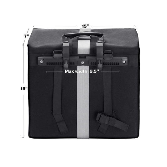 The Velotric Rear Rack Pannier Bag by Velotric is a black, waterproof rectangular eBike bag with a handle, adjustable straps, a white center stripe, and a label showing max width of 9.5 inches.
