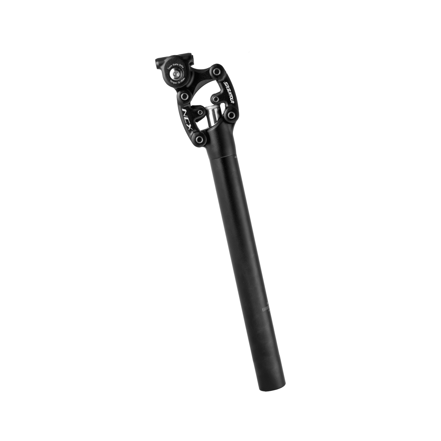 Black adjustable Velotric suspension seatpost isolated on a dark background.