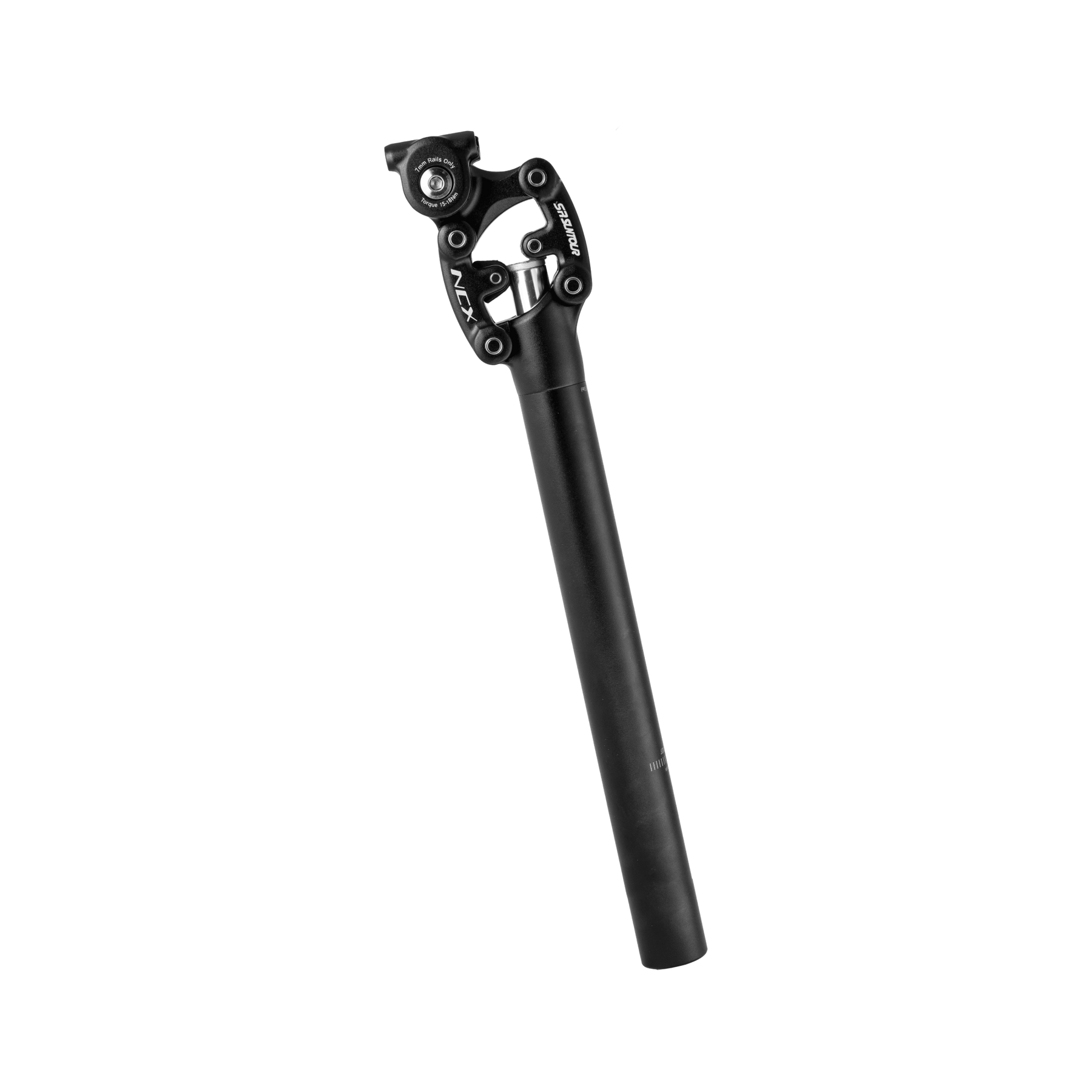 Black adjustable Velotric suspension seatpost isolated on a dark background.