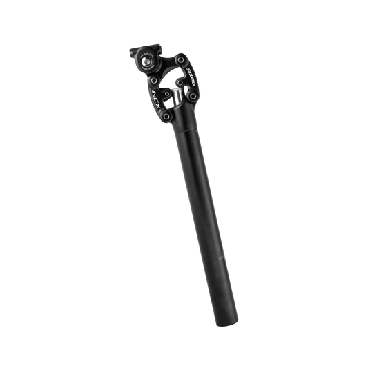 Black adjustable Velotric suspension seatpost isolated on a dark background.