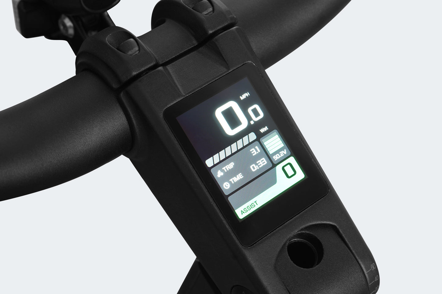 Close-up of a Himiway - A7 Pro electric scooter's handlebar with a digital display showing speed, battery level, and ride time, perfect for urban e-biking.