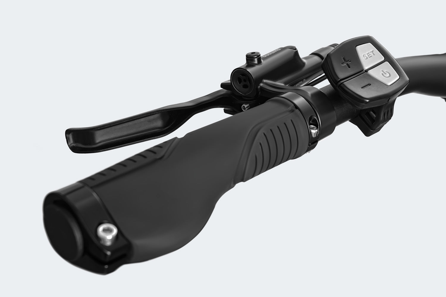 Himiway - A7 Pro motorcycle handlebar featuring throttle grip, brake lever, and control switches on a gray background, ideal for urban e-biking.