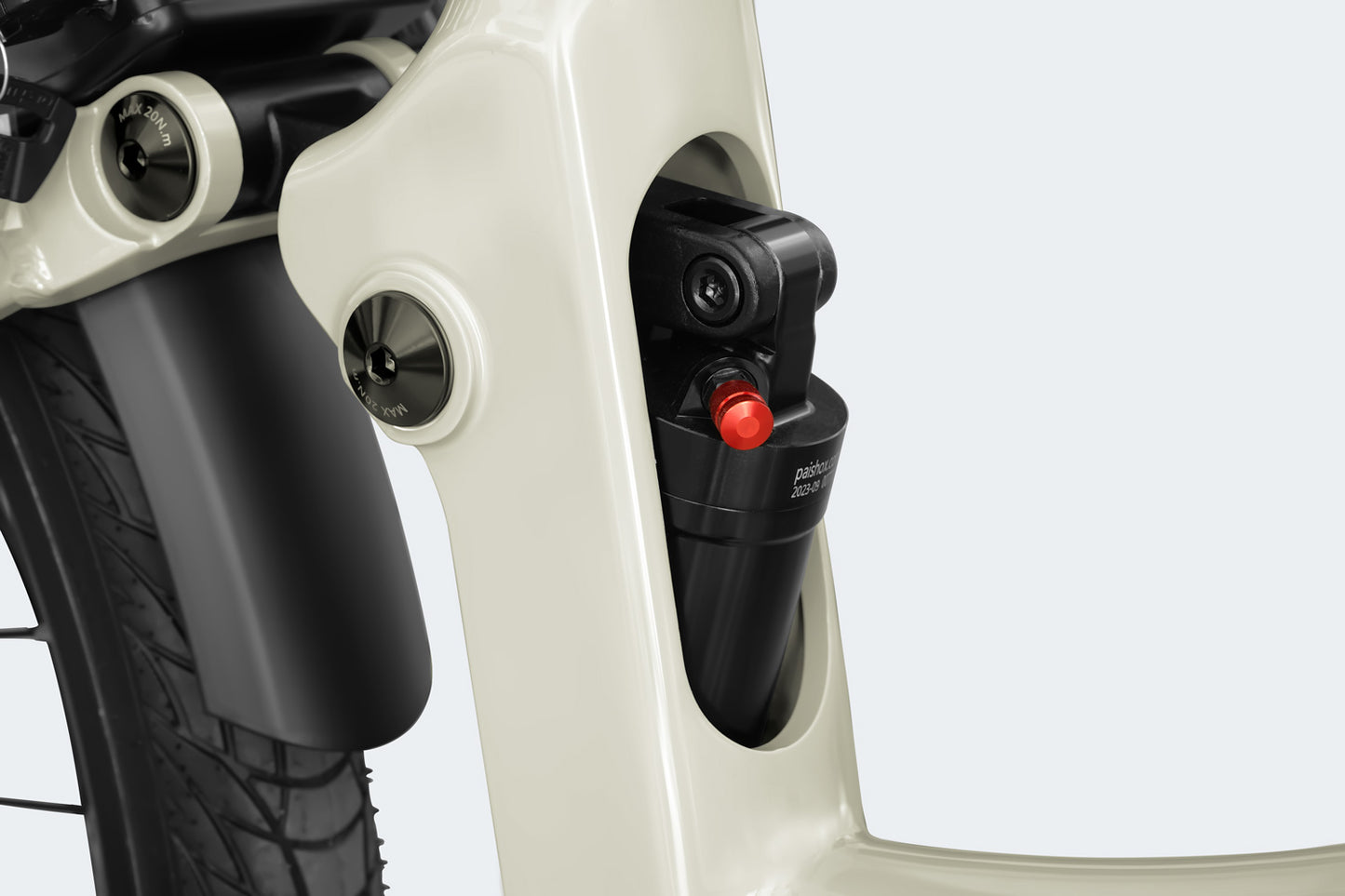 Close-up of a Himiway A7 Pro bike lock attached to the frame near the front suspension fork, featuring a built-in alarm system with a red activation button.