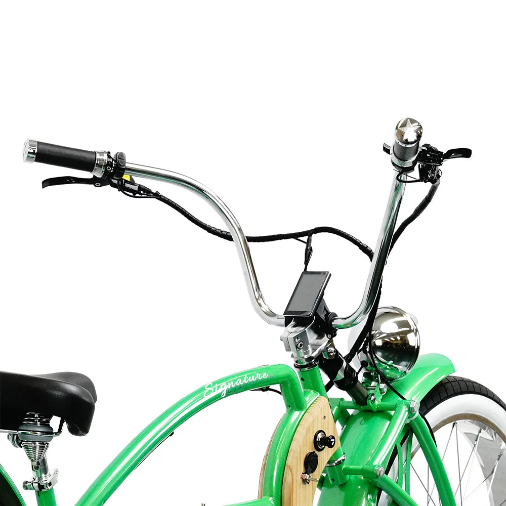 The Tracer Signature Pro 26'' 800W Chopper Cruiser E-Bike by Tracer comes in green and features a curved handlebar with black grips, a mounted black phone holder, and a chrome bell. It boasts an 800W motor, a wide padded seat for maximum comfort, and a front headlight for evening rides.