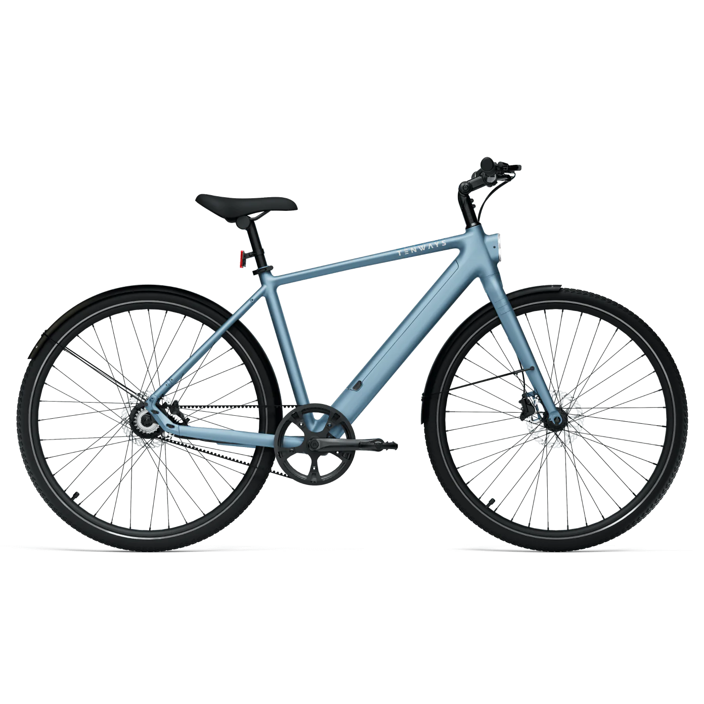 A blue Tenways CGO600 Pro bicycle with a streamlined frame and thin tires, staged against a dark background with radial patterned wheels.