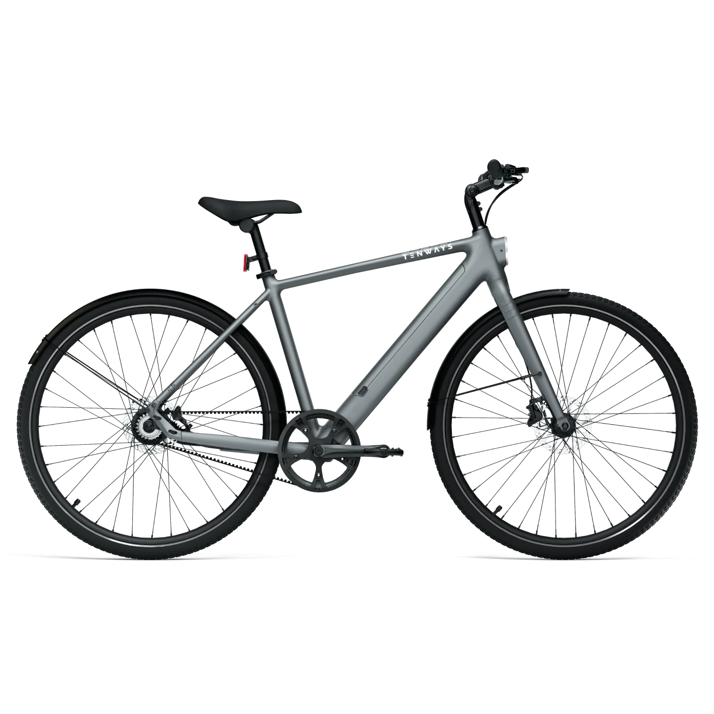 A modern gray Tenways CGO600 Pro bike with black wheels, a black seat, and black handlebars, set against a black background.