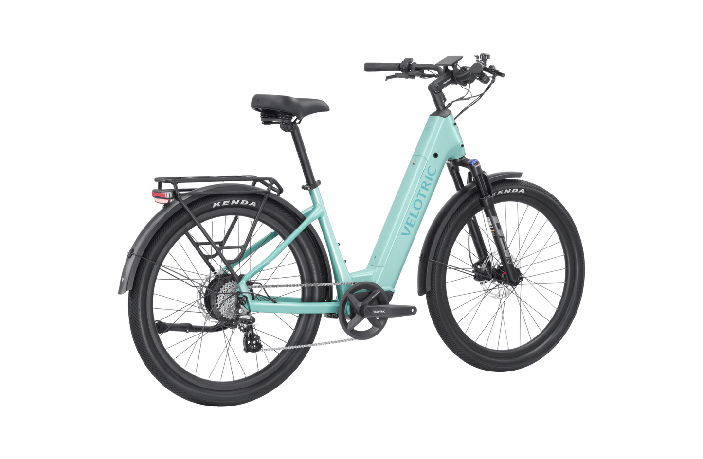 Electric bicycle in turquoise and black with a rear rack and disc brakes, featuring the Velotric Discover 2 design.