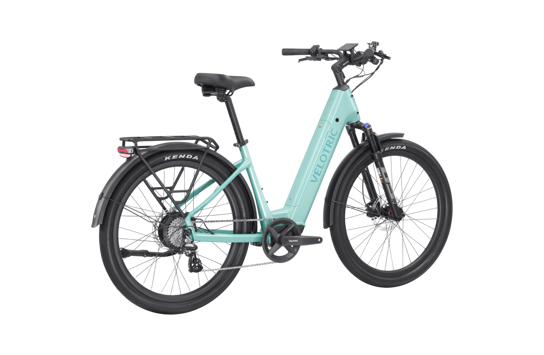 Electric bicycle in turquoise and black with a rear rack and disc brakes, featuring the Velotric Discover 2 design.