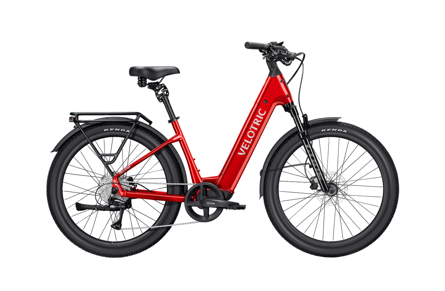 The Velotric Discover 3, a red eBike with a step-through frame, rear cargo rack, black saddle, and thick tires from Velotric, is displayed in side profile on a white background.