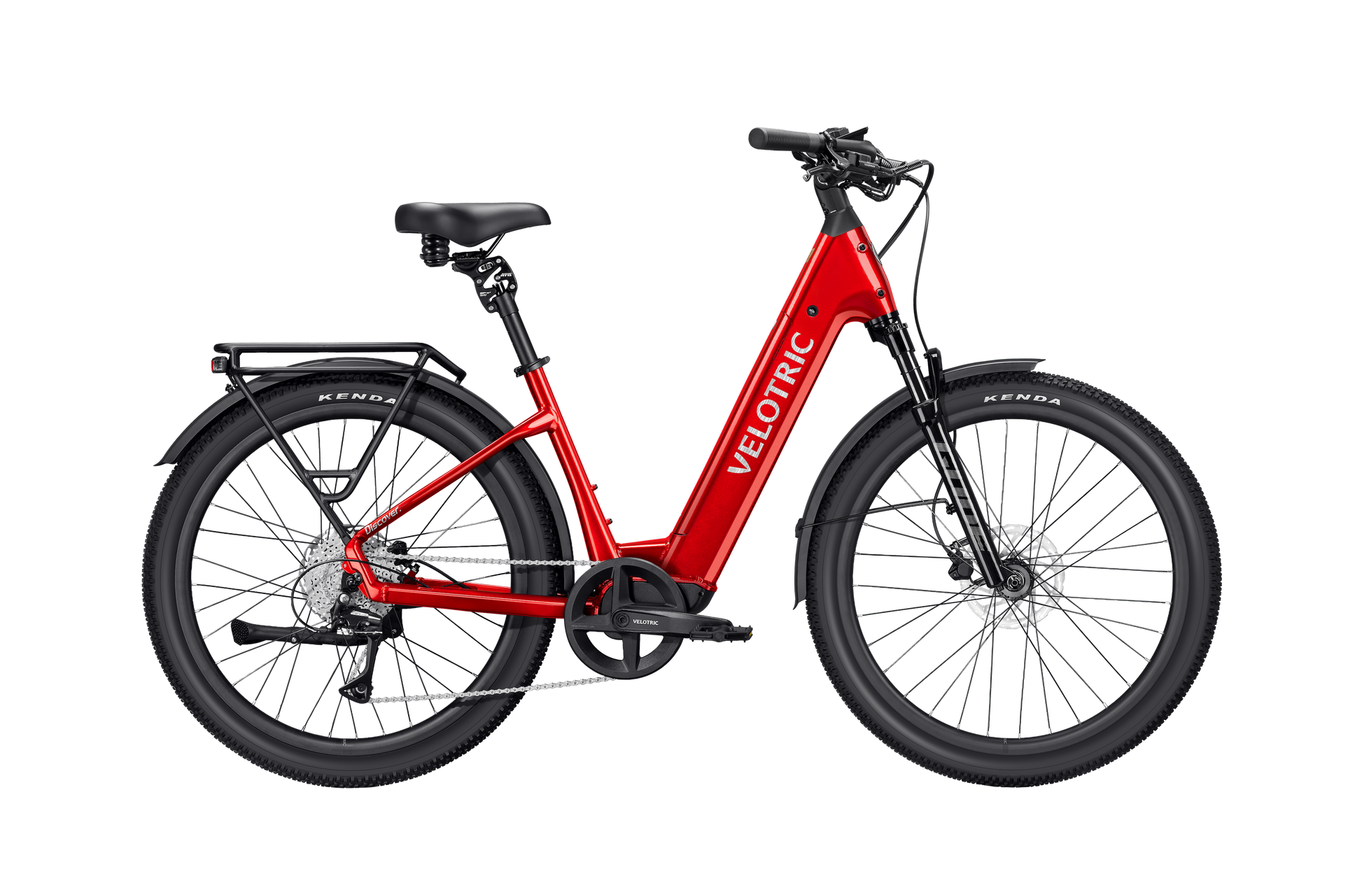 The Velotric Discover 3, a red eBike with a step-through frame, rear cargo rack, black saddle, and thick tires from Velotric, is displayed in side profile on a white background.