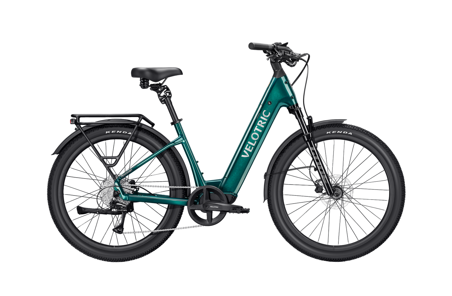 Teal Velotric Discover 3 step-through comfort e-bike with black tires, rear cargo rack, and Velotric branding on the frame, shown against a white background.
