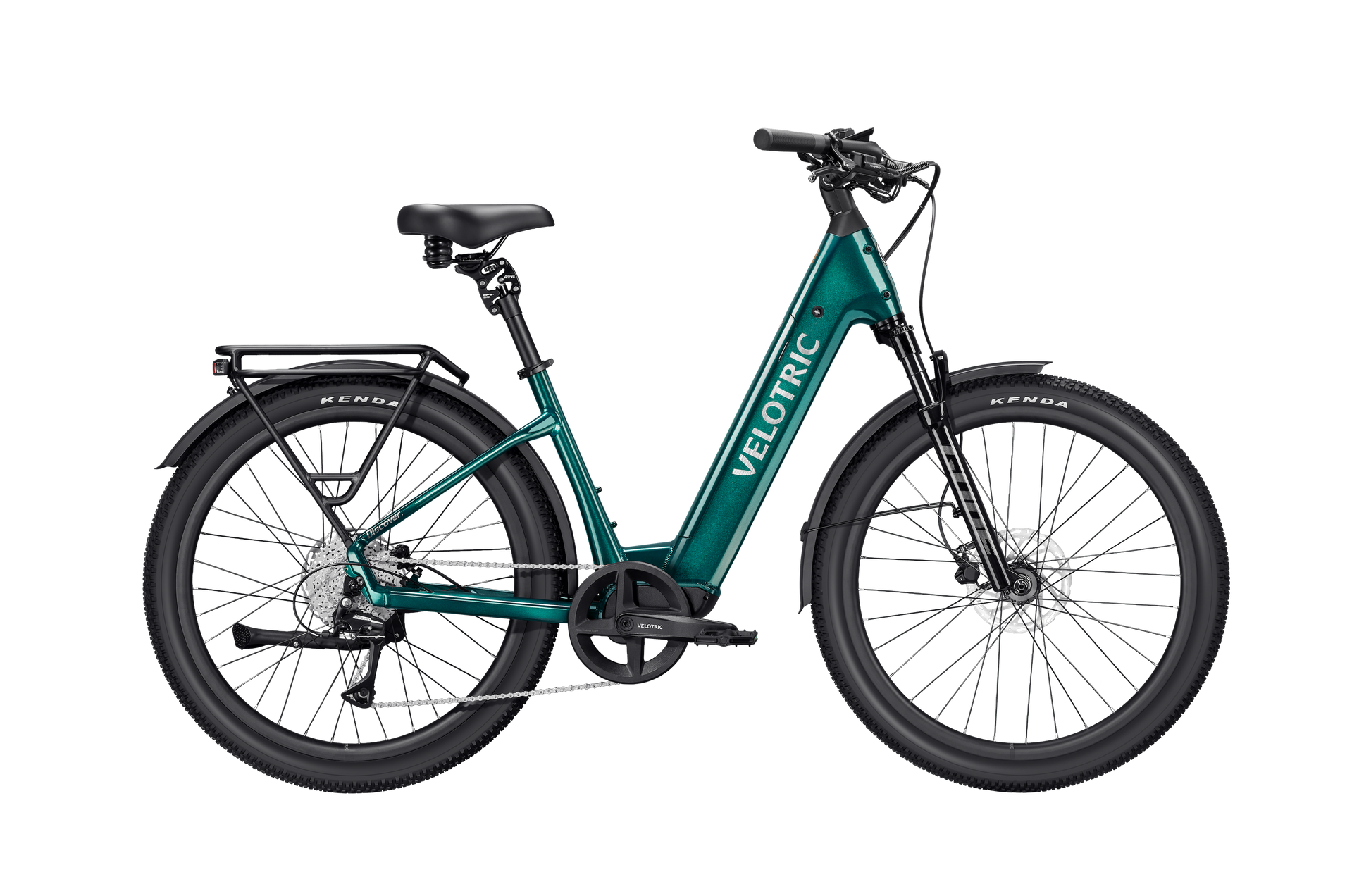 Teal Velotric Discover 3 step-through comfort e-bike with black tires, rear cargo rack, and Velotric branding on the frame, shown against a white background.
