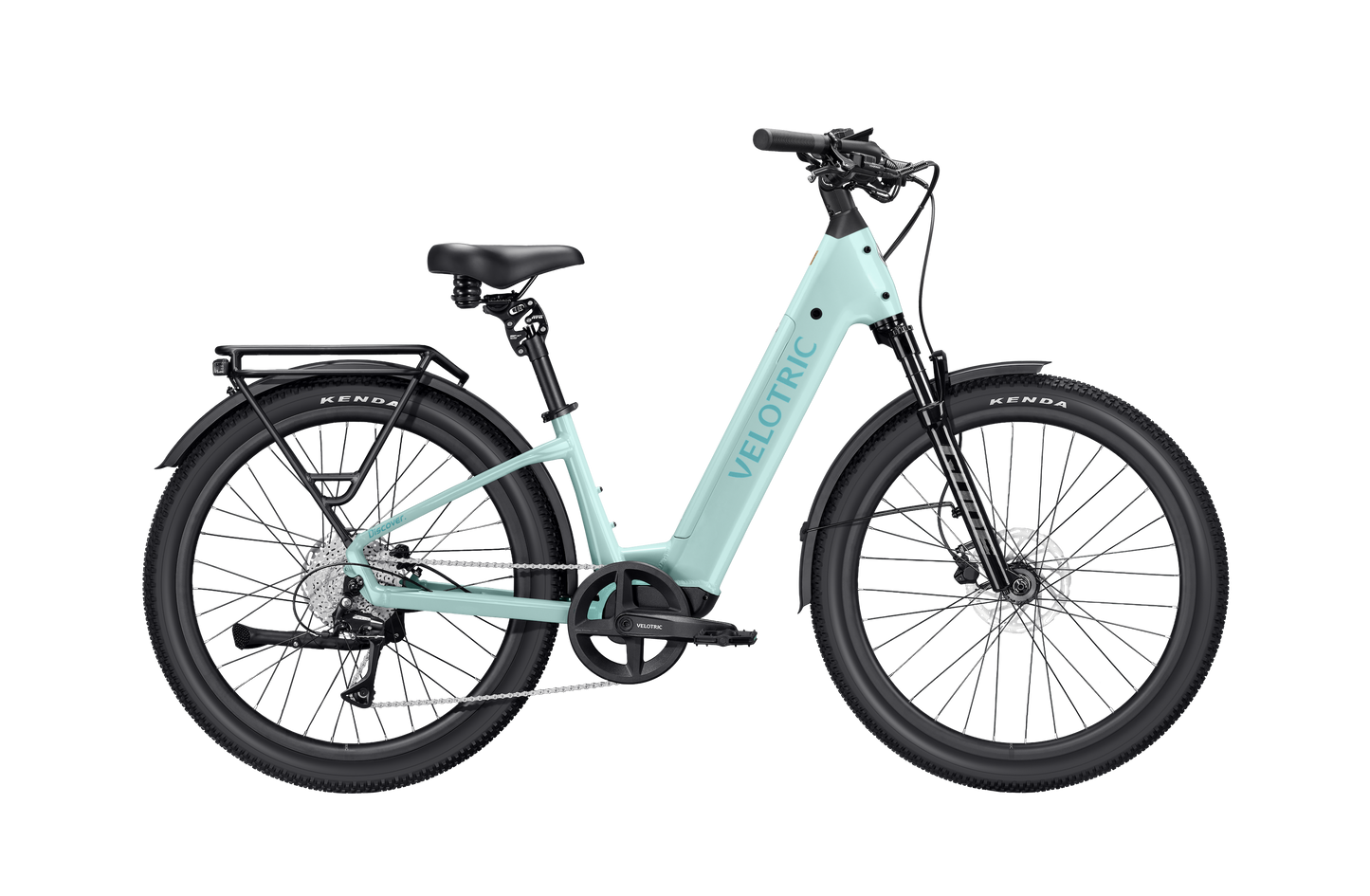The Velotric Discover 3 comfort e-bike, shown in light blue with a step-through frame, front suspension, rear rack, and black tires, is displayed in profile against a white background.