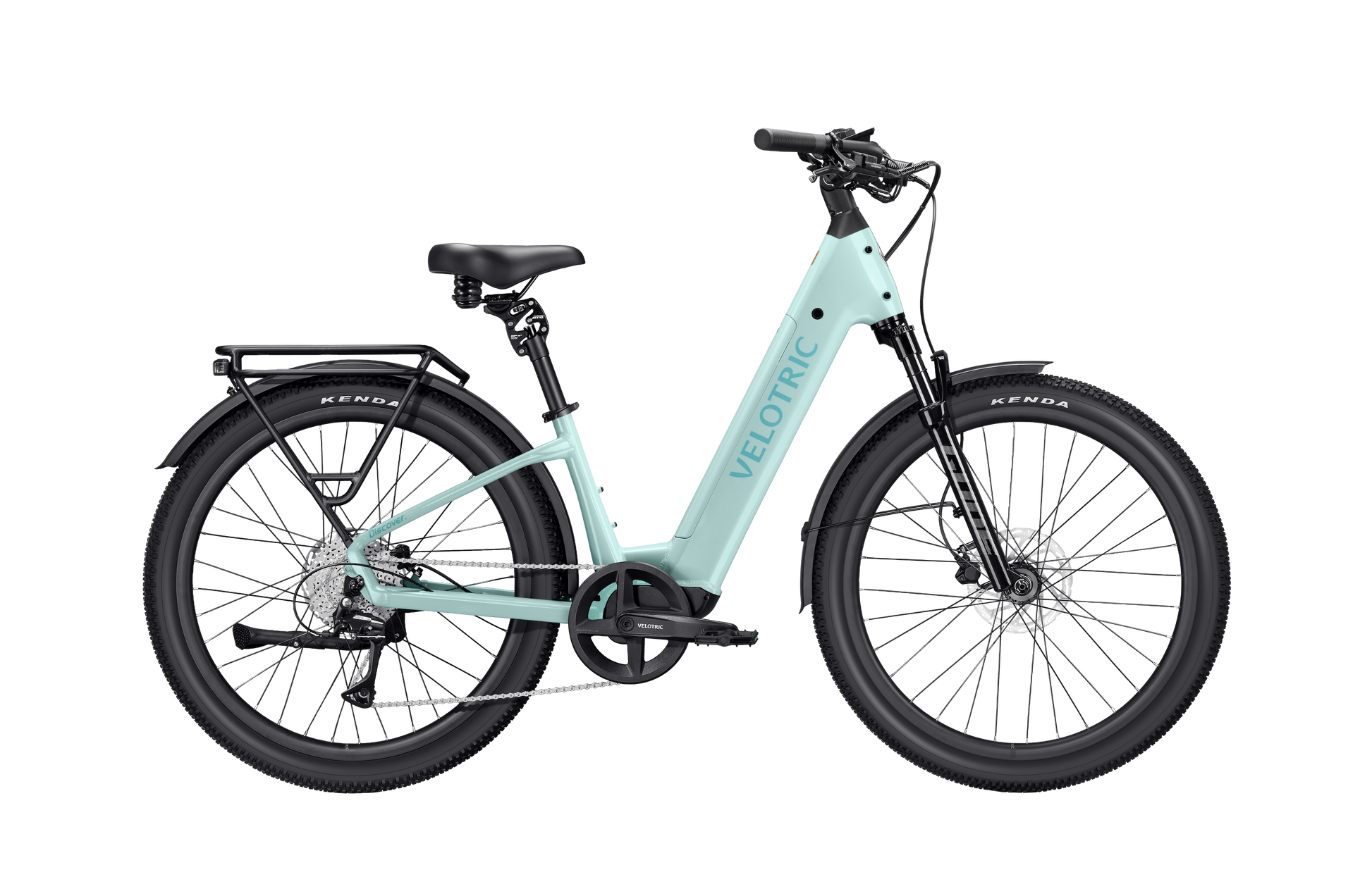 The Velotric Discover 3 comfort e-bike, shown in light blue with a step-through frame, front suspension, rear rack, and black tires, is displayed in profile against a white background.