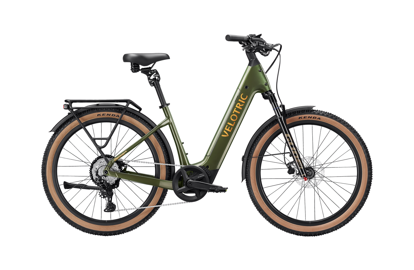A green Velotric Discover M eBike by Velotric, featuring front suspension, wide tan-rimmed tires, a rear cargo rack, and upright handlebars, is shown from the side against a white background.