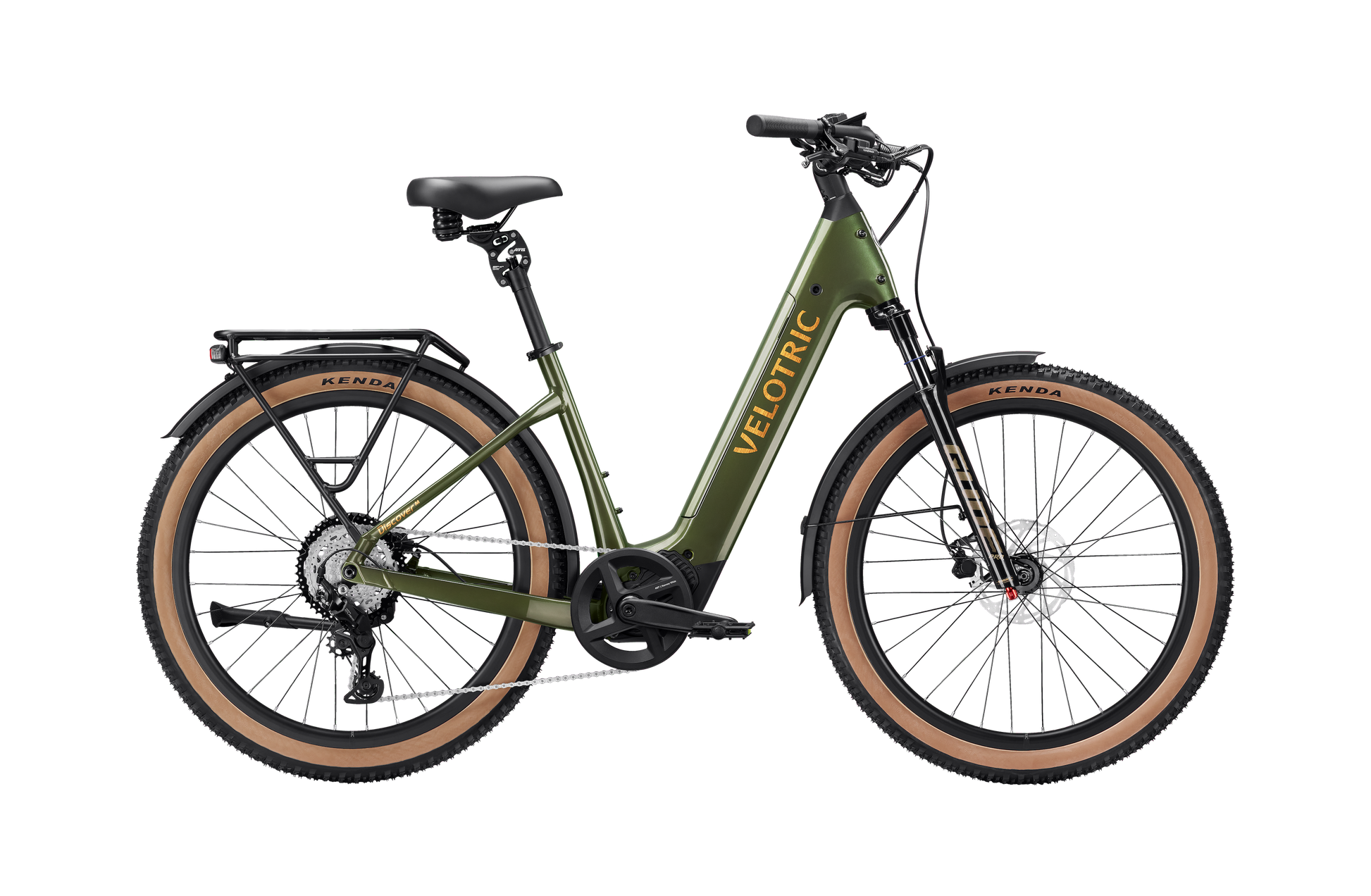 A green Velotric Discover M eBike by Velotric, featuring front suspension, wide tan-rimmed tires, a rear cargo rack, and upright handlebars, is shown from the side against a white background.