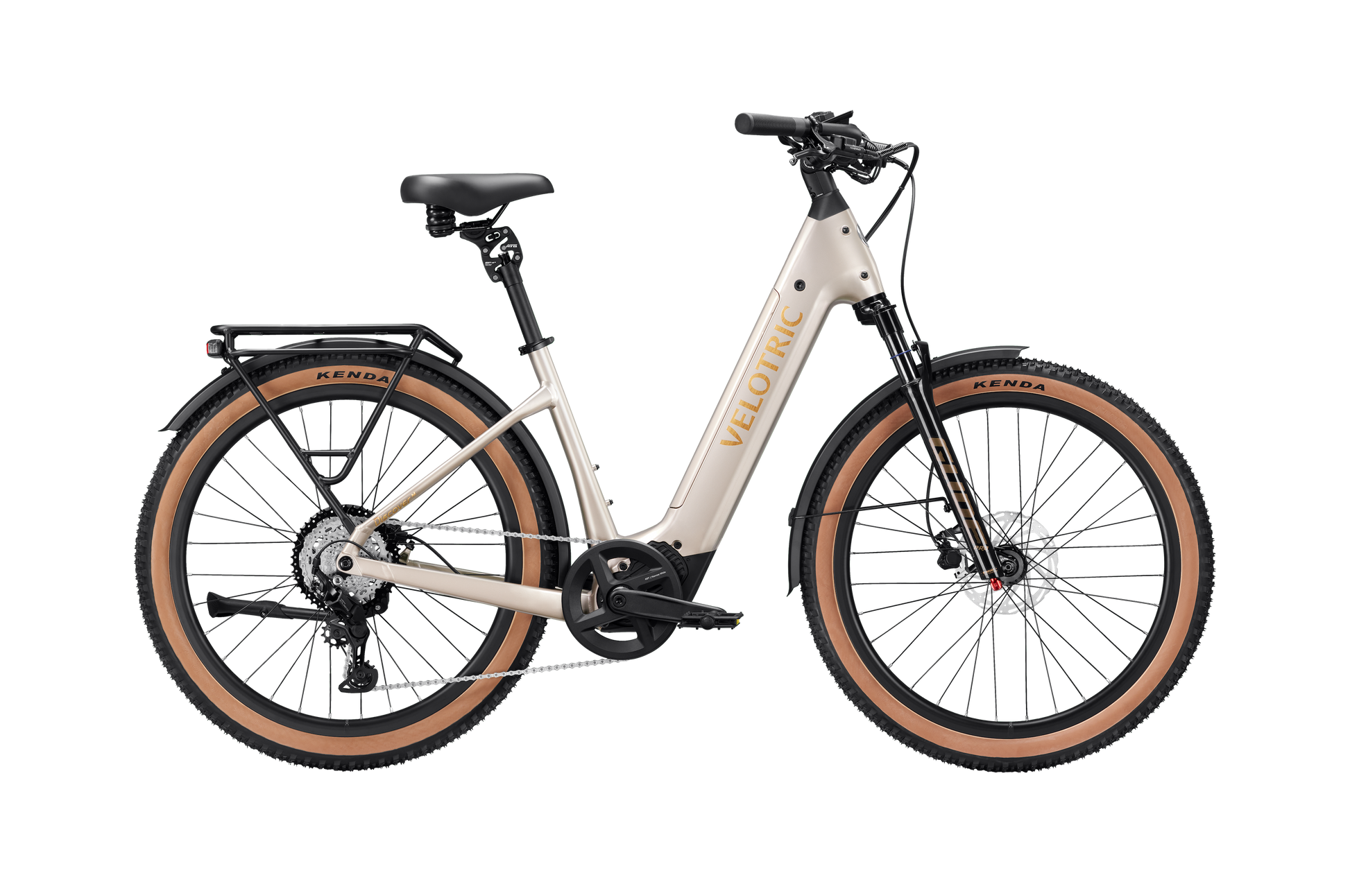 A cream-colored Velotric Discover M comfort eBike by Velotric, featuring a step-through frame, black seat, rear rack, front and rear fenders, and tan tires is shown in profile against a white background.