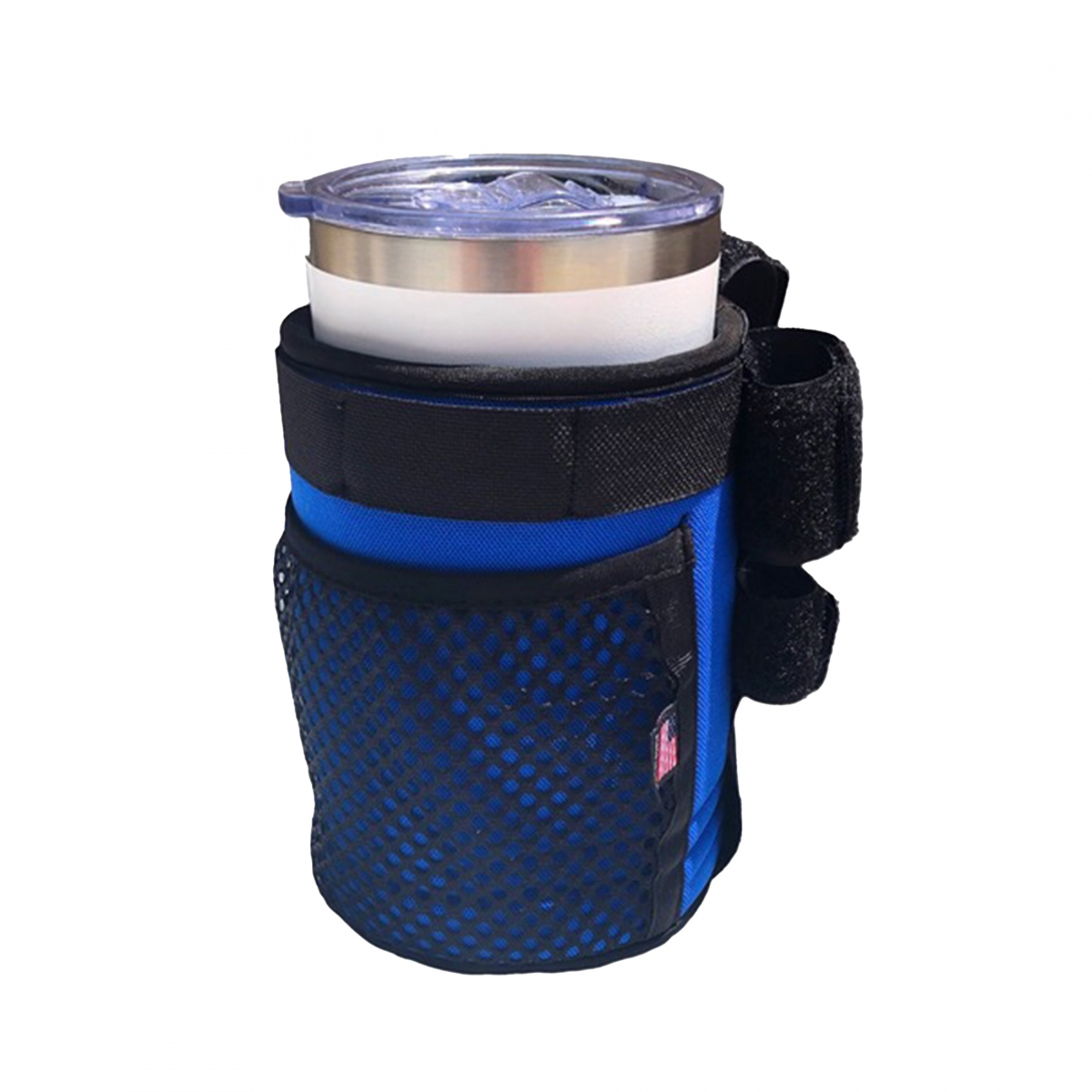 The Color Splash Drink Holder in blue and black mesh holds a tumbler, featuring a front mesh pocket and a side Velcro strap.