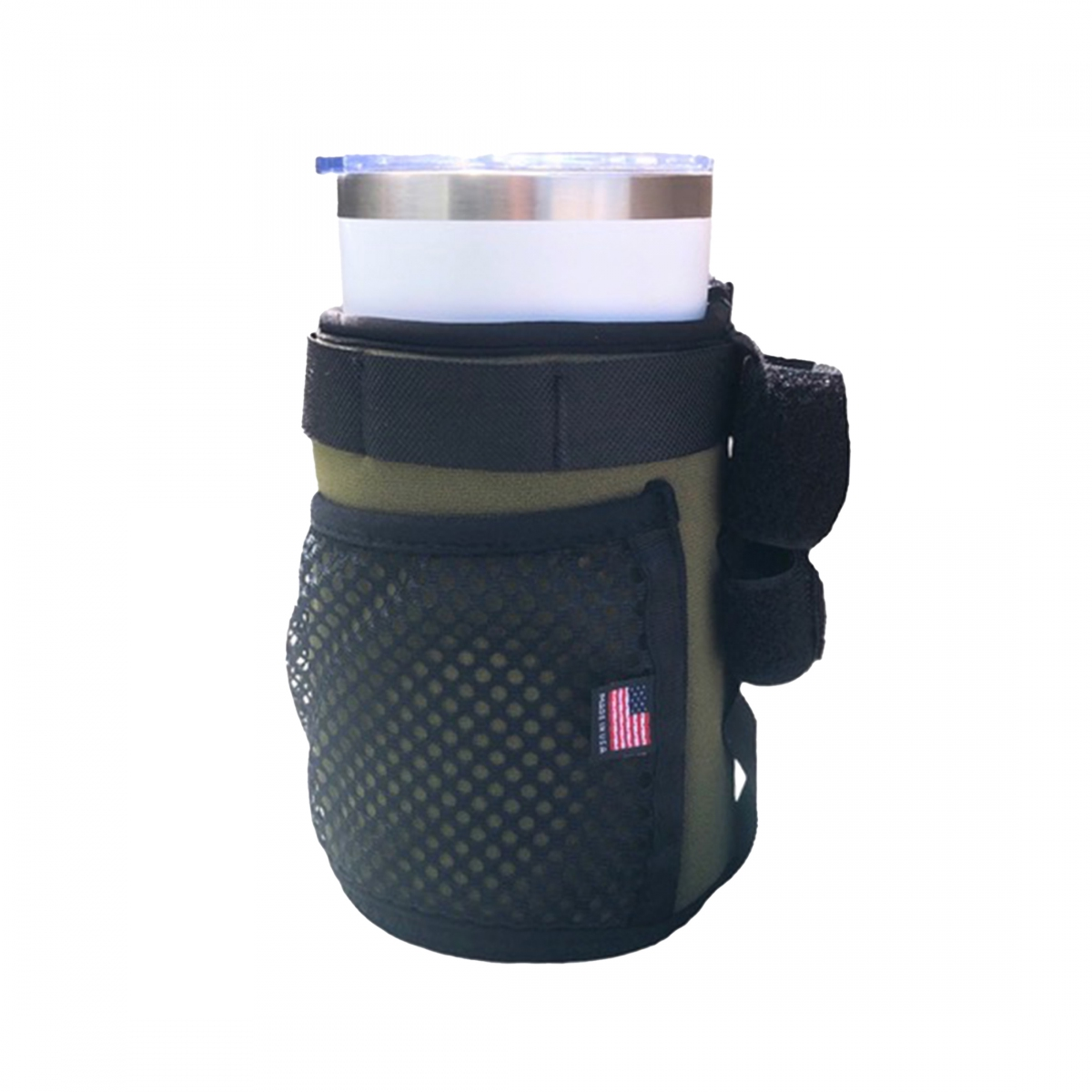 The Color Splash Drink Holder by Color Splash is a green neoprene cup holder with a mesh pocket, Velcro strap, American flag patch, and fits a stainless steel tumbler with clear lid—ideal for daily adventures.