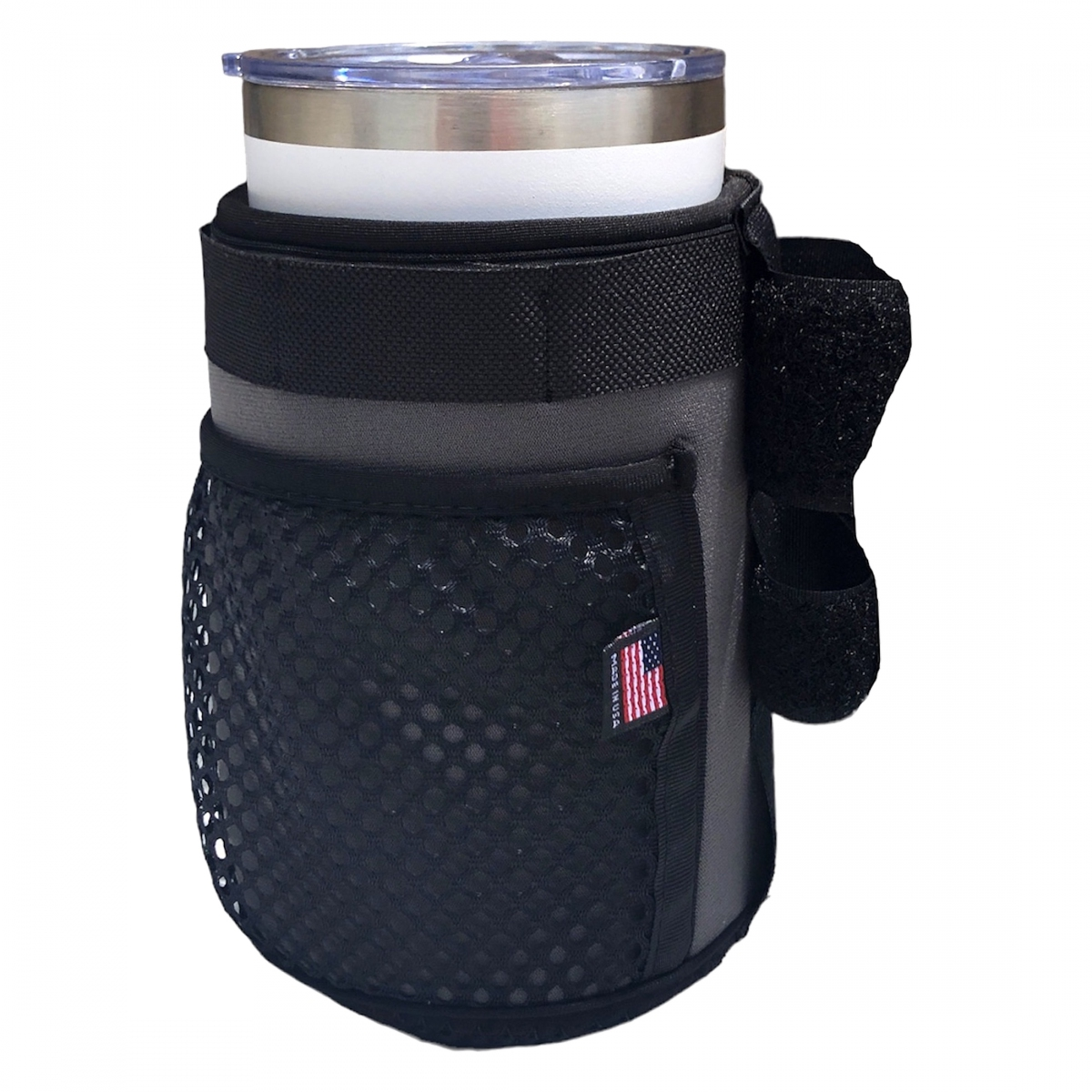 The Color Splash Drink Holder by Color Splash is a black and gray insulated holder with a mesh pocket, Velcro strap, and small American flag patch, shown holding a cup with a transparent lid.