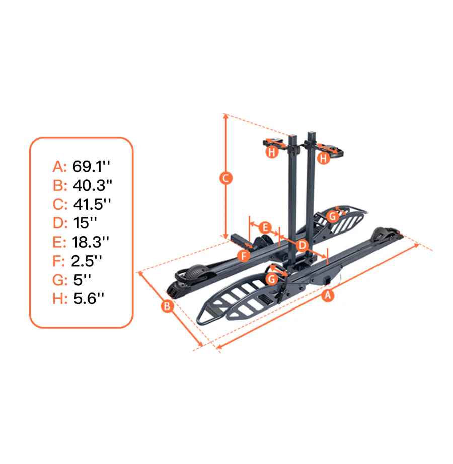 The Cravot CyberRack E2 Hitch Bike Rack by Cravot is shown in black with labeled measurements: A: 69.1", B: 40.3", C: 41.5", D: 15", E: 18.3", F: 2.5", G: 5", H: 5.6". This versatile hitch bike rack is designed to accommodate a variety of bikes, making it ideal for different cycling needs.