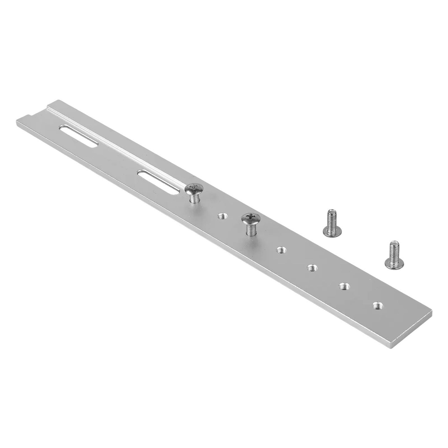 The ElectricAllWheel Universal E-Bike Battery Mount Adapter Rail (Slotted, 266mm) is a silver metal bracket featuring multiple holes and a slot, pictured with four screws on a white background—perfect for use as a universal e-bike mount or downtube battery rail for convenient battery installation.