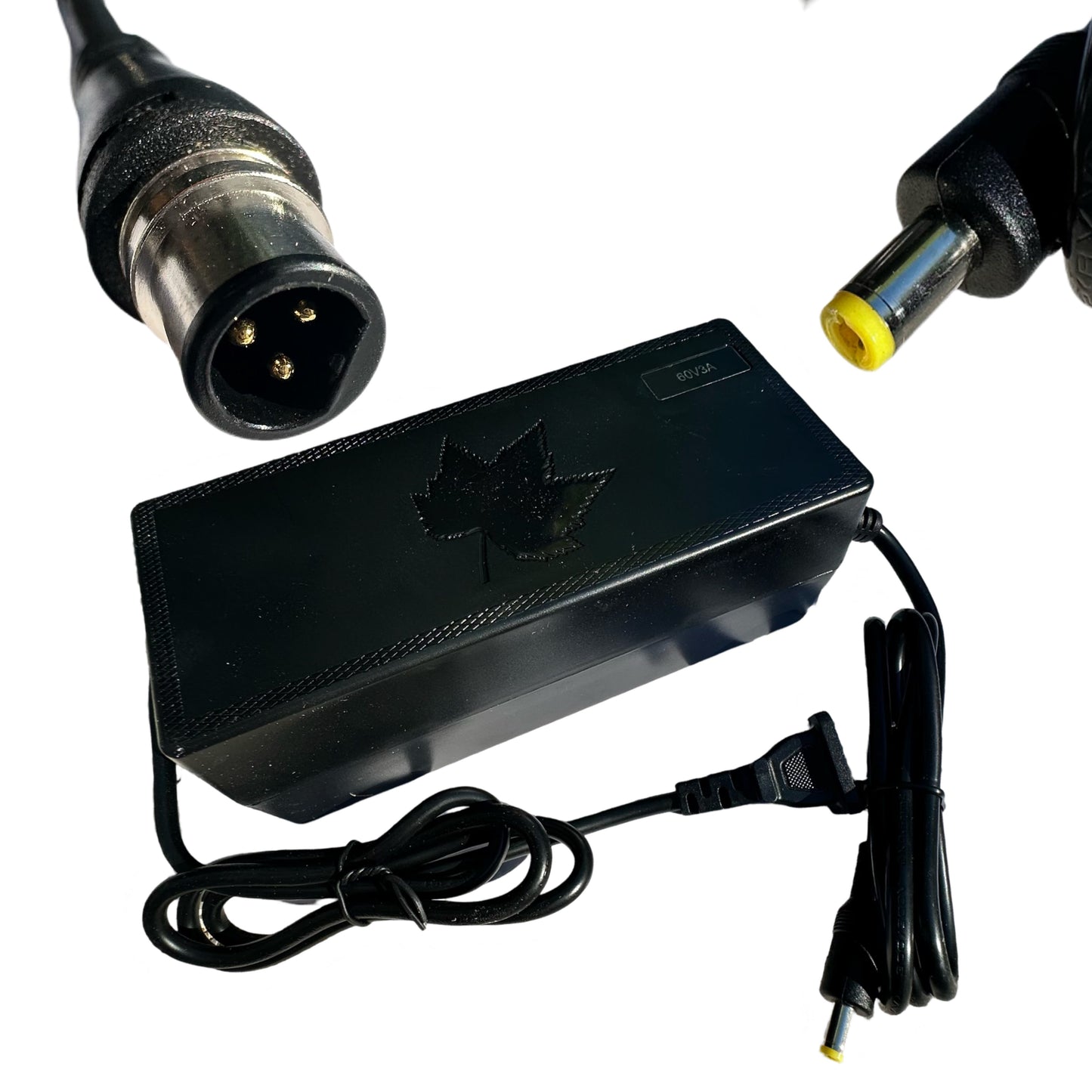 The ElectricAllWheel 60V 3A E-Bike Battery Charger (67.2V output) features a standard plug, yellow-tipped barrel connector, and Reention Mini 3-pin to DC adapter—ideal for lithium-ion batteries. All shown on a white background.