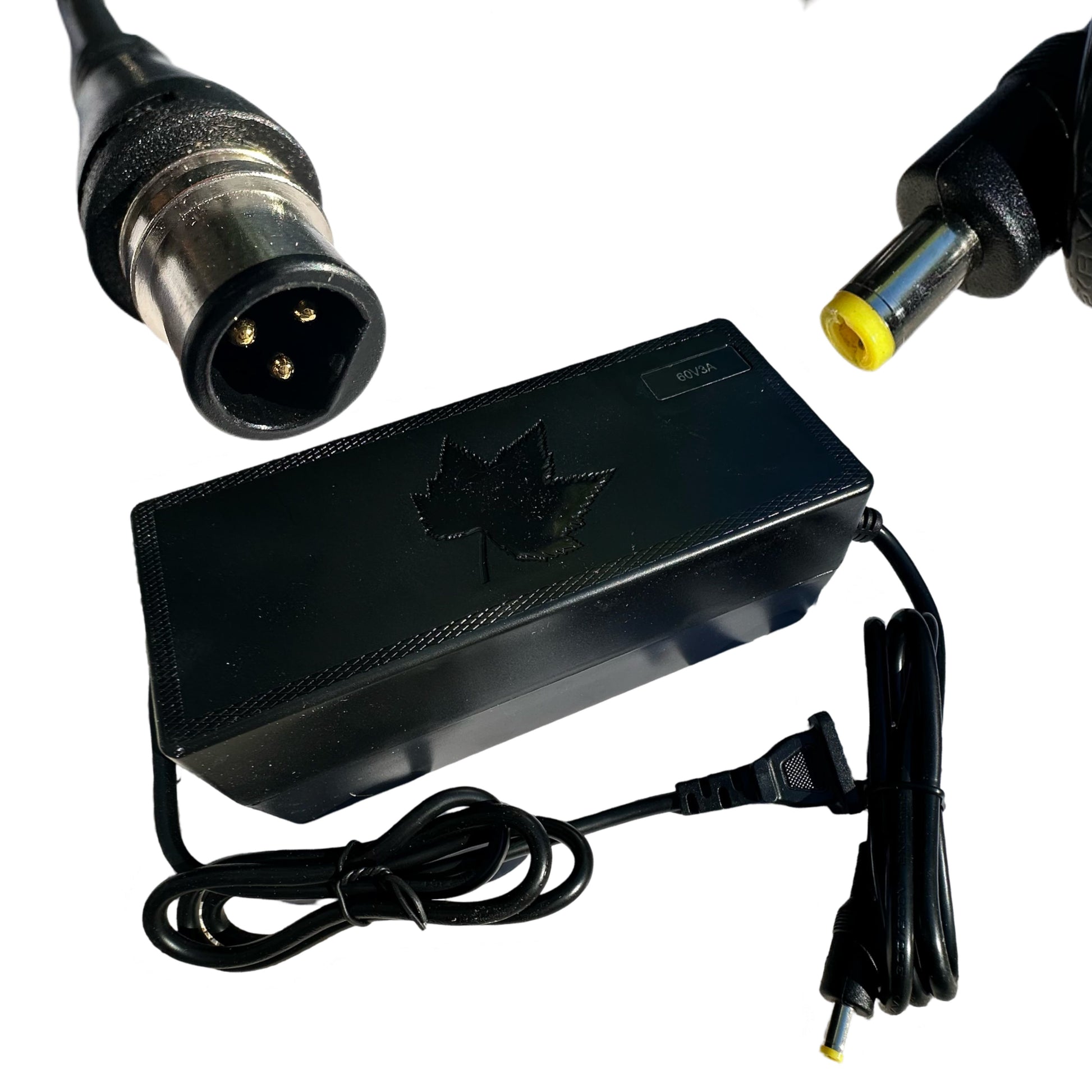 The ElectricAllWheel 60V 3A E-Bike Battery Charger (67.2V output) features a standard plug, yellow-tipped barrel connector, and Reention Mini 3-pin to DC adapter—ideal for lithium-ion batteries. All shown on a white background.