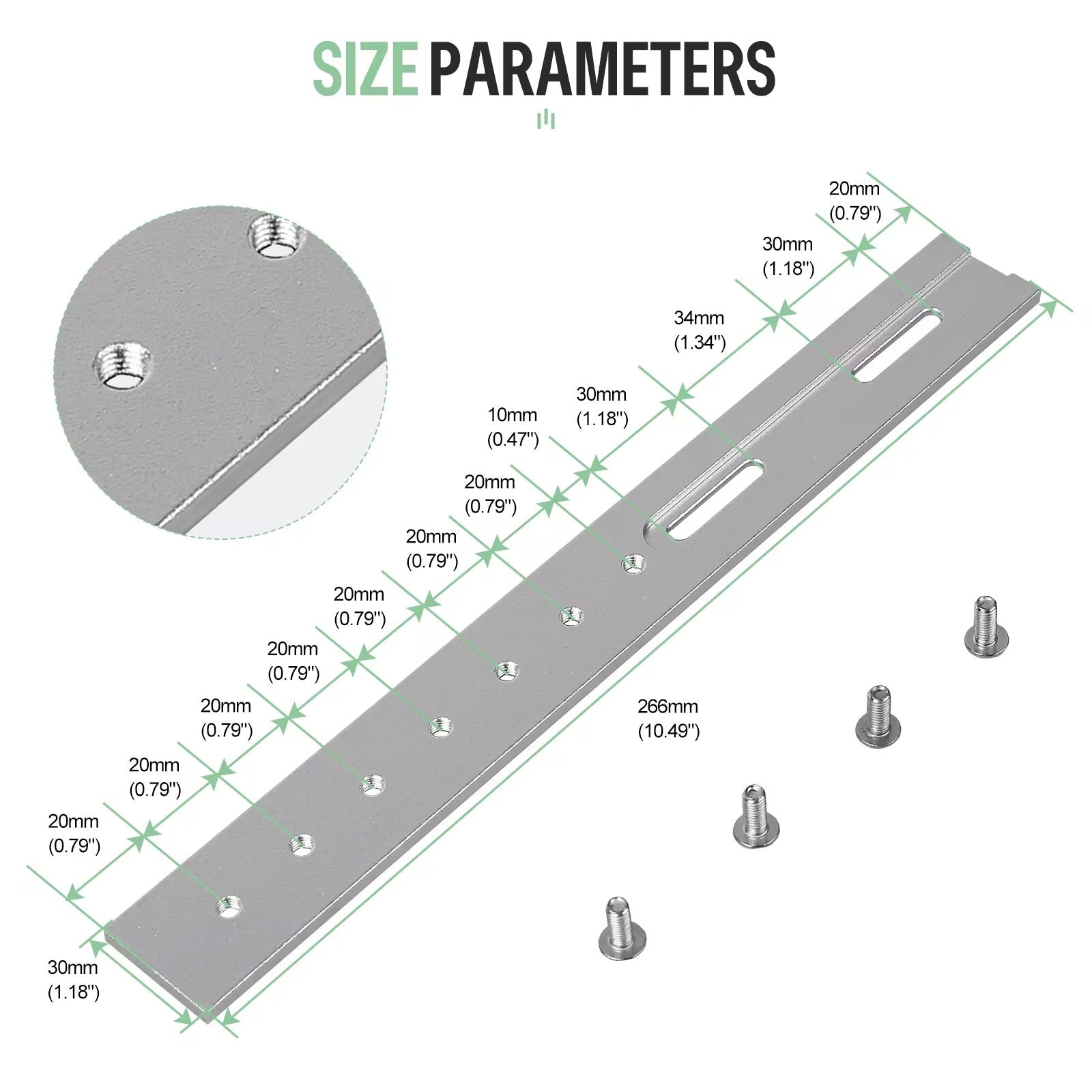 The ElectricAllWheel Universal E-Bike Battery Mount Adapter Rail (Slotted, 266mm) is a versatile metal bracket designed with multiple holes and slots, and comes with screws for straightforward installation. Dimensions are clearly labeled in both millimeters and inches to indicate various lengths and hole spacings, making it perfect as an e-bike battery adapter or downtube battery rail.