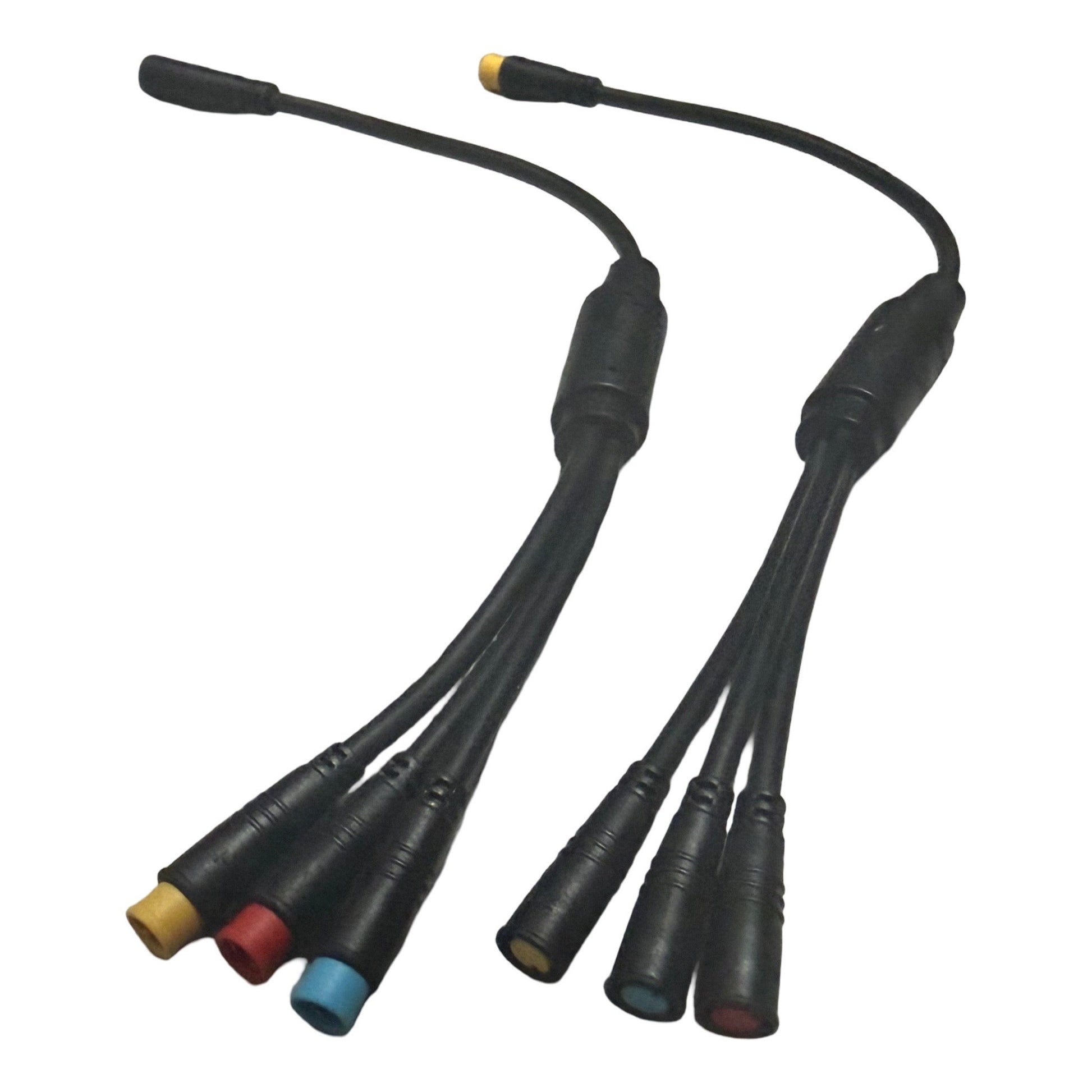 Here is your rewritten sentence using the provided product data: The ElectricAllWheel Universal Throttle Harness (3-Pin) includes two black electrical splitter cables, each featuring one input and four colored outputs—red, yellow, blue connectors for compatibility with 3-pin Julet connections—making them ideal for universal e-bike throttle setups or as a replacement throttle harness.