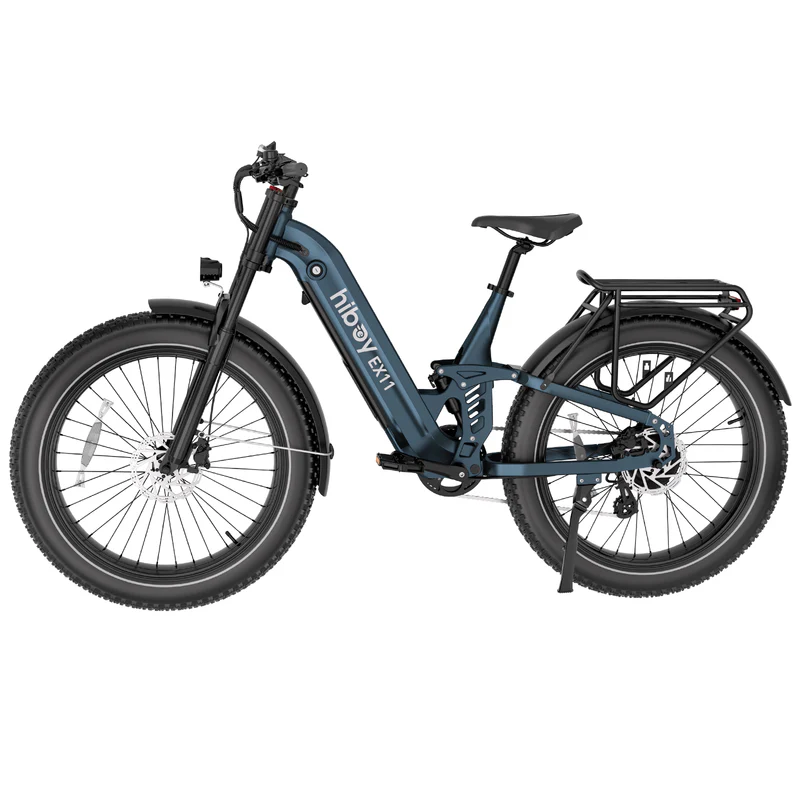 A blue Hiboy EX11 commuter electric bike with fat tires, a step-through frame, rear cargo rack, and front and rear fenders is shown in a side profile view.