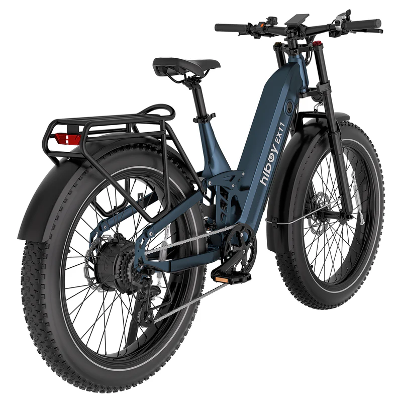 A blue Hiboy EX11 electric bike by Hiboy with a 750W motor, rear cargo rack, wide tires, front suspension, and step-through frame is shown from the rear.