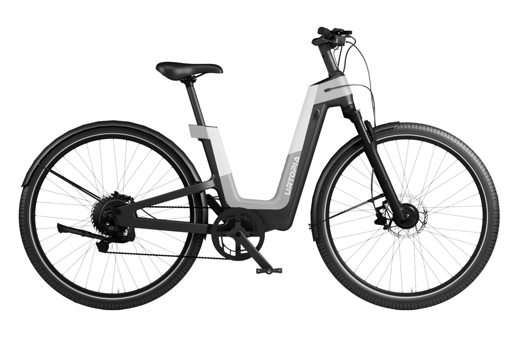 The Urtopia Carbon Fusion GT eBike features a 750W motor, step-through frame, black wheels, and gray accents, shown in side view on a white background.