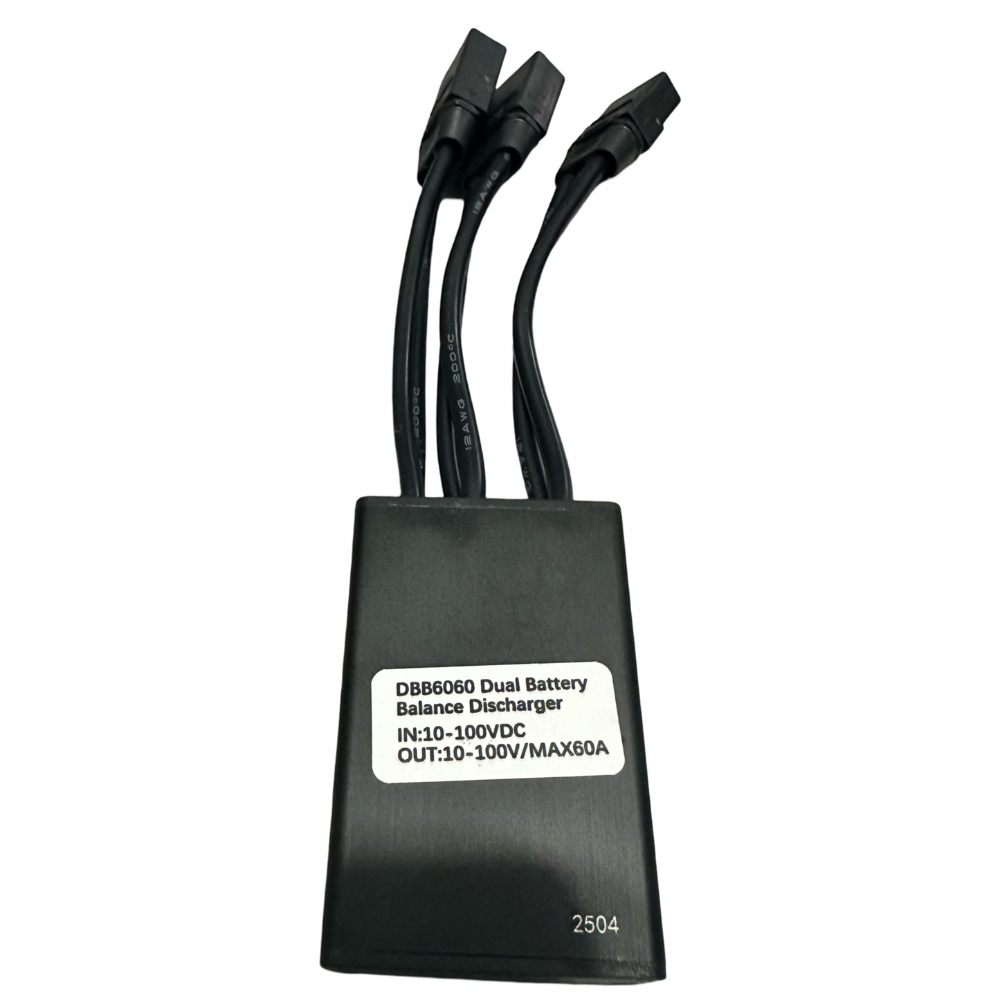 The ElectricAllWheel 60A Dual Battery Discharge Balancer Kit (12AWG, XT90 Connector, XT90-XT60 Adapters M/F) is a black device with three cables, labeled with voltage/current info—ideal as a dual battery connection kit.