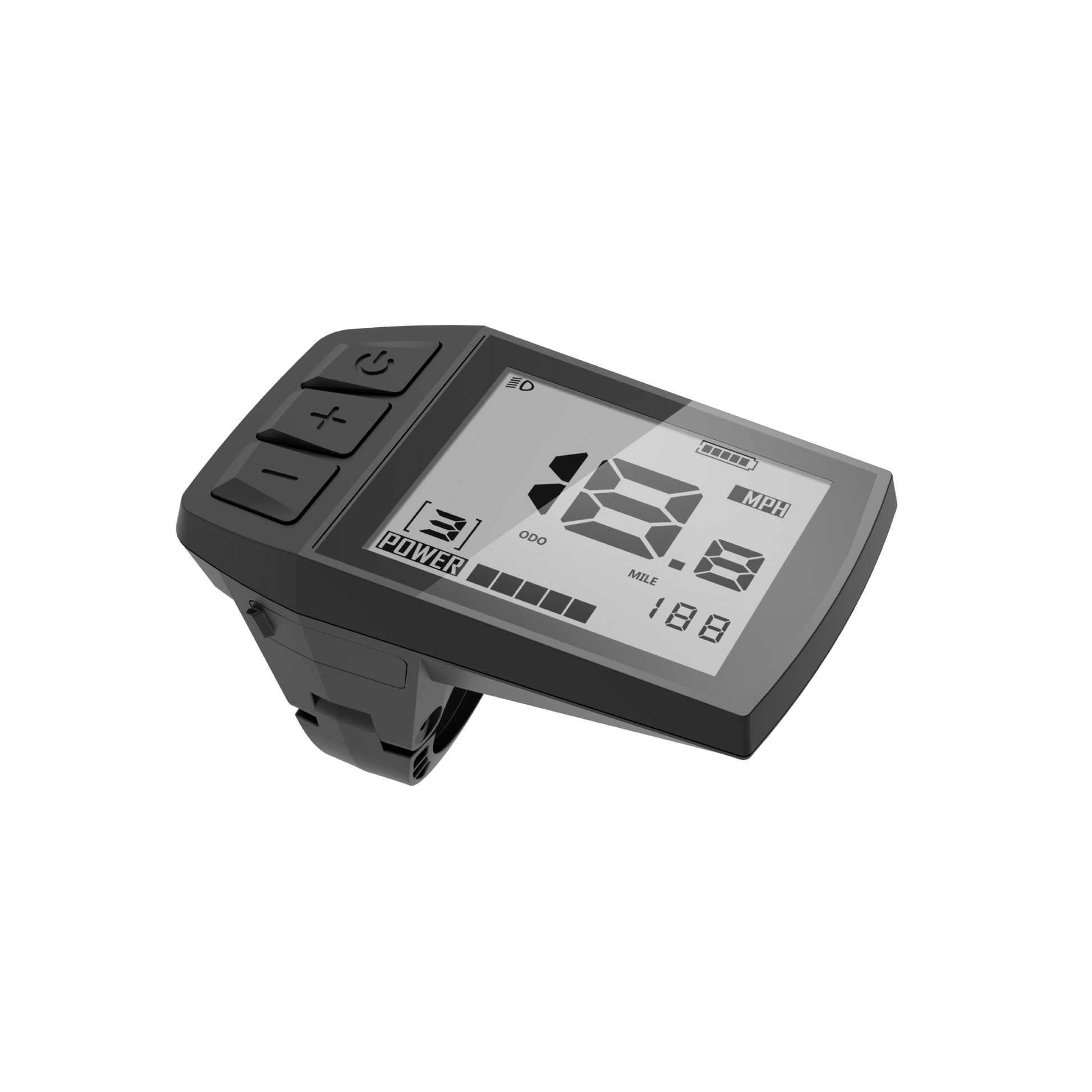 The Velotric - Fold 1 Display by Velotric features control buttons and a high brightness monochrome screen showing speed, battery level, odometer, and cycling stats, with an adjustable angle for optimal viewing.