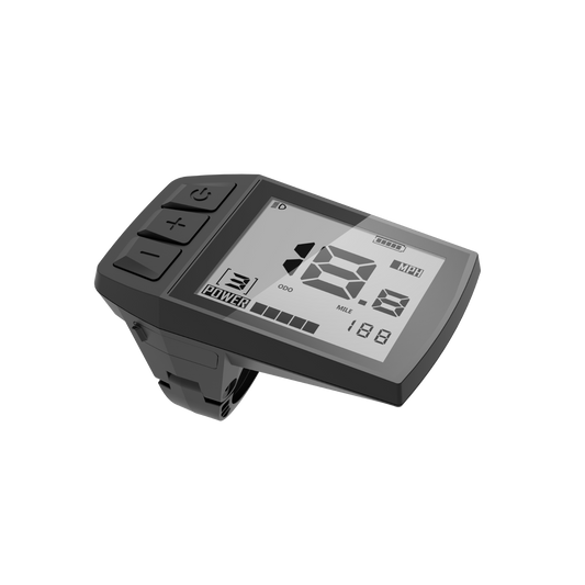 The Velotric - Fold 1 Display by Velotric features control buttons and a high brightness monochrome screen showing speed, battery level, odometer, and cycling stats, with an adjustable angle for optimal viewing.