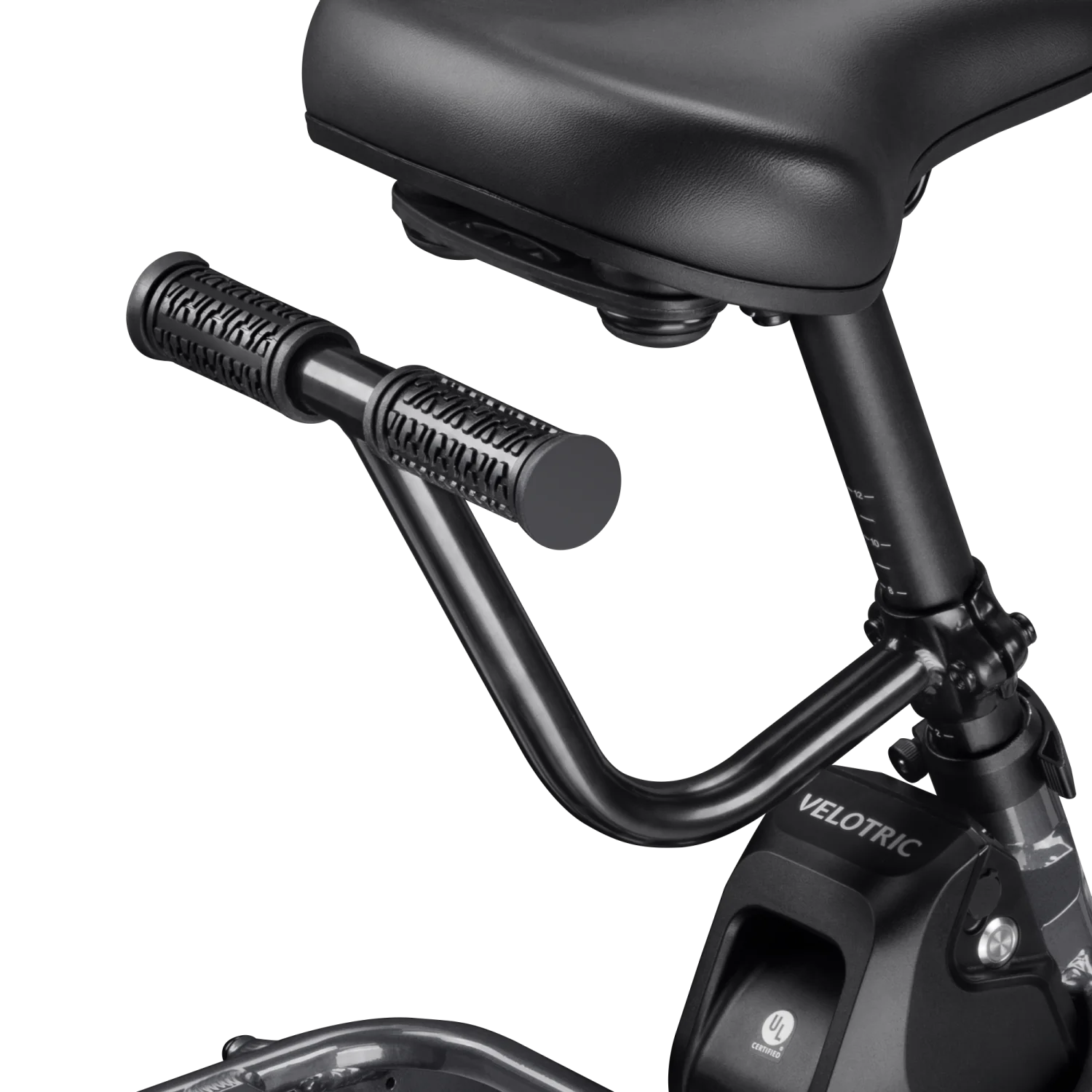 Close-up of the Velotric Passenger Handrail and part of the seat on a Velotric bike, highlighting the brand name on the frame—designed to enhance passenger safety and improve rear rack stability.