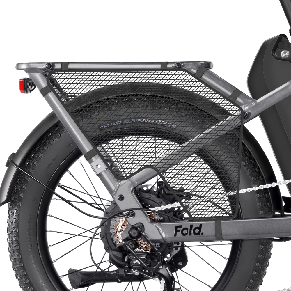 Close-up of a bike's rear wheel featuring the Velotric logo, equipped with a Velotric Wheel Guard for added safety and protection. The wheel includes thick tires, a disc brake, and a sturdy metal frame with an easy-install rack above.