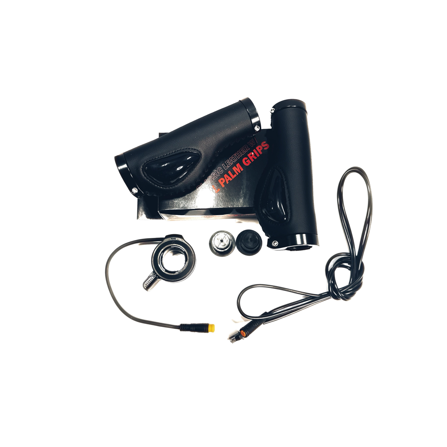 The ElectricAllWheel Thumb Throttle Conversion Kit (Lectric/AIPAS Fit) includes black ergonomic grips, connecting cables, a 3-pin Julet thumb throttle, adapter, and accessories displayed on a white background.