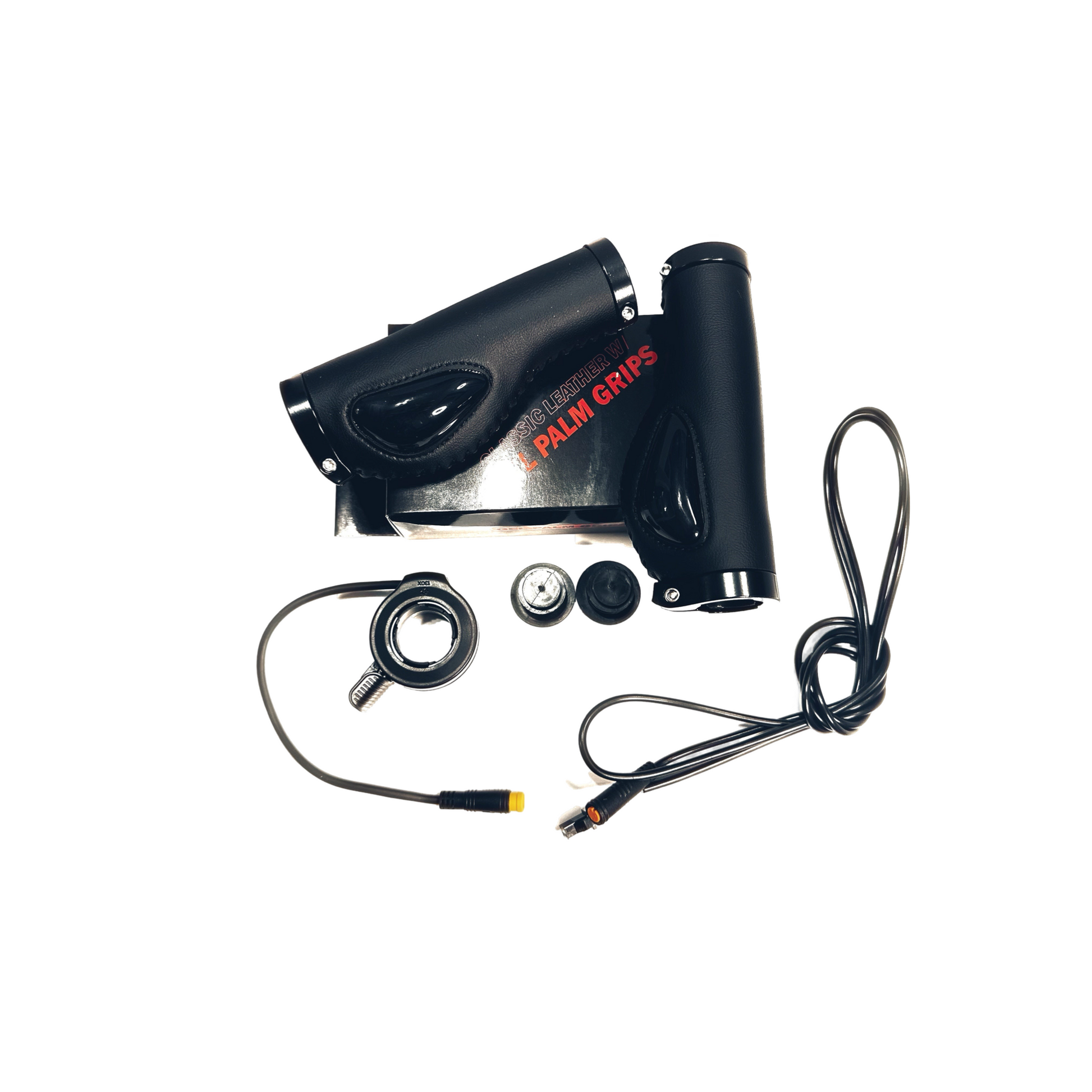 The ElectricAllWheel Thumb Throttle Conversion Kit (Lectric/AIPAS Fit) includes black ergonomic grips, connecting cables, a 3-pin Julet thumb throttle, adapter, and accessories displayed on a white background.