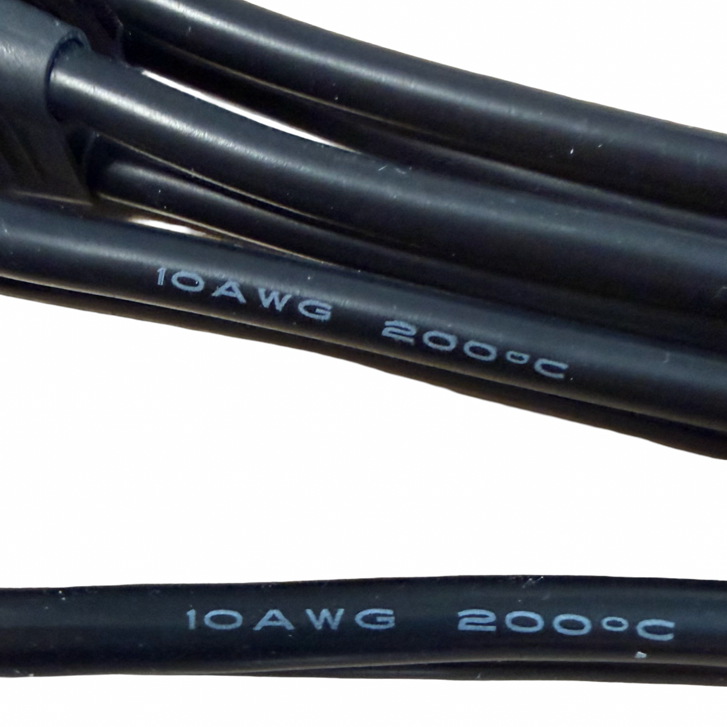 Close-up of black "10 AWG 200°C" wires used in ElectricAllWheel's Dual Output Dual Battery Discharge Balancer DBB72100 (10-100V, 100A×2 MAX), indicating wire gauge and max temperature rating for high-power e-bike battery management.