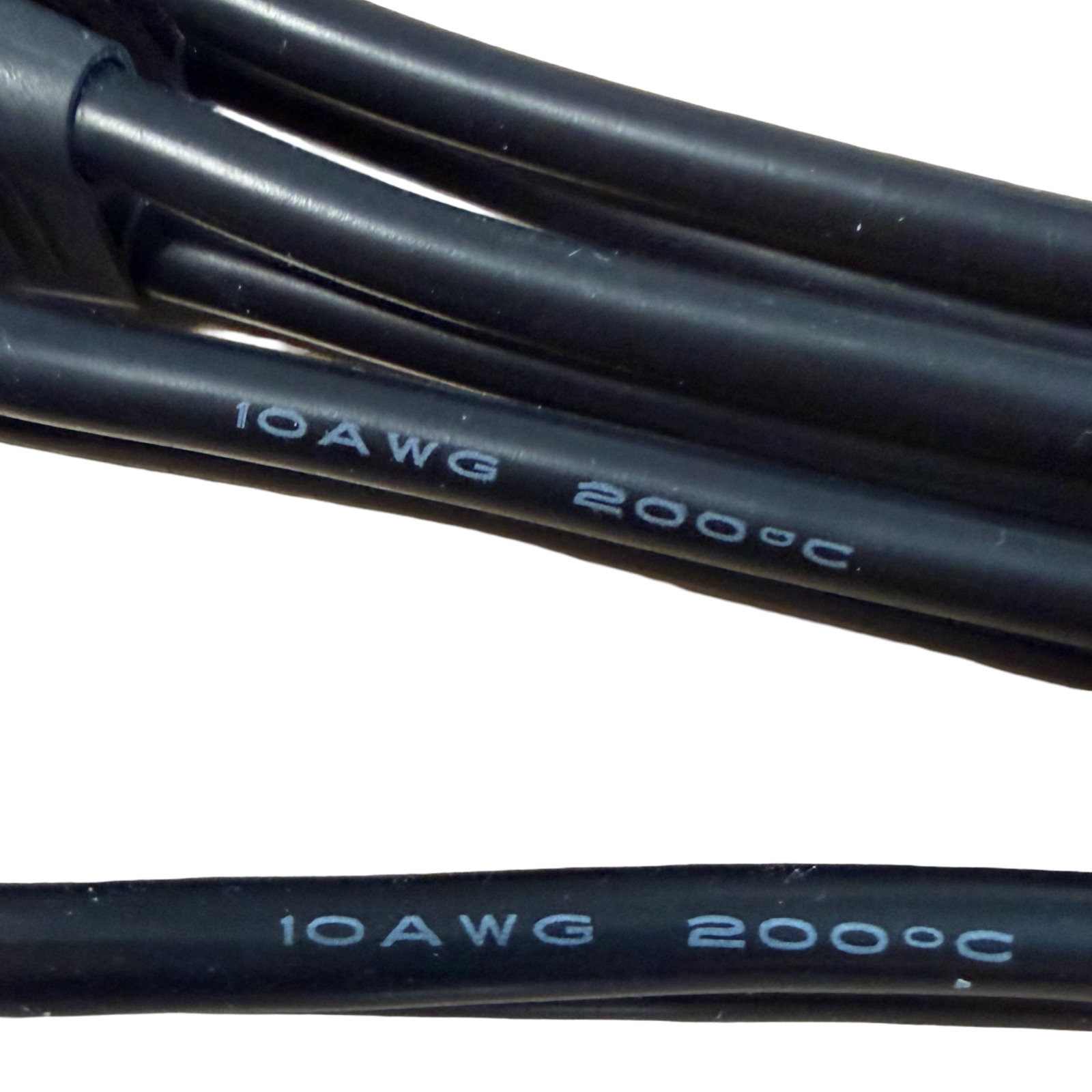 Close-up of black "10 AWG 200°C" wires used in ElectricAllWheel's Dual Output Dual Battery Discharge Balancer DBB72100 (10-100V, 100A×2 MAX), indicating wire gauge and max temperature rating for high-power e-bike battery management.