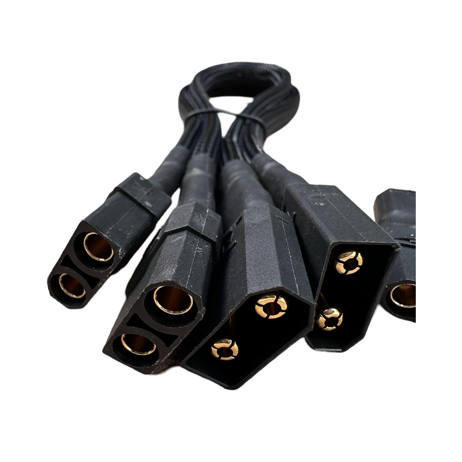 A close-up of ElectricAllWheel Premier (10AWG) XT90 Extension Cables with gold-plated pins and XT60-XT90 adapters, bundled together against a white background.