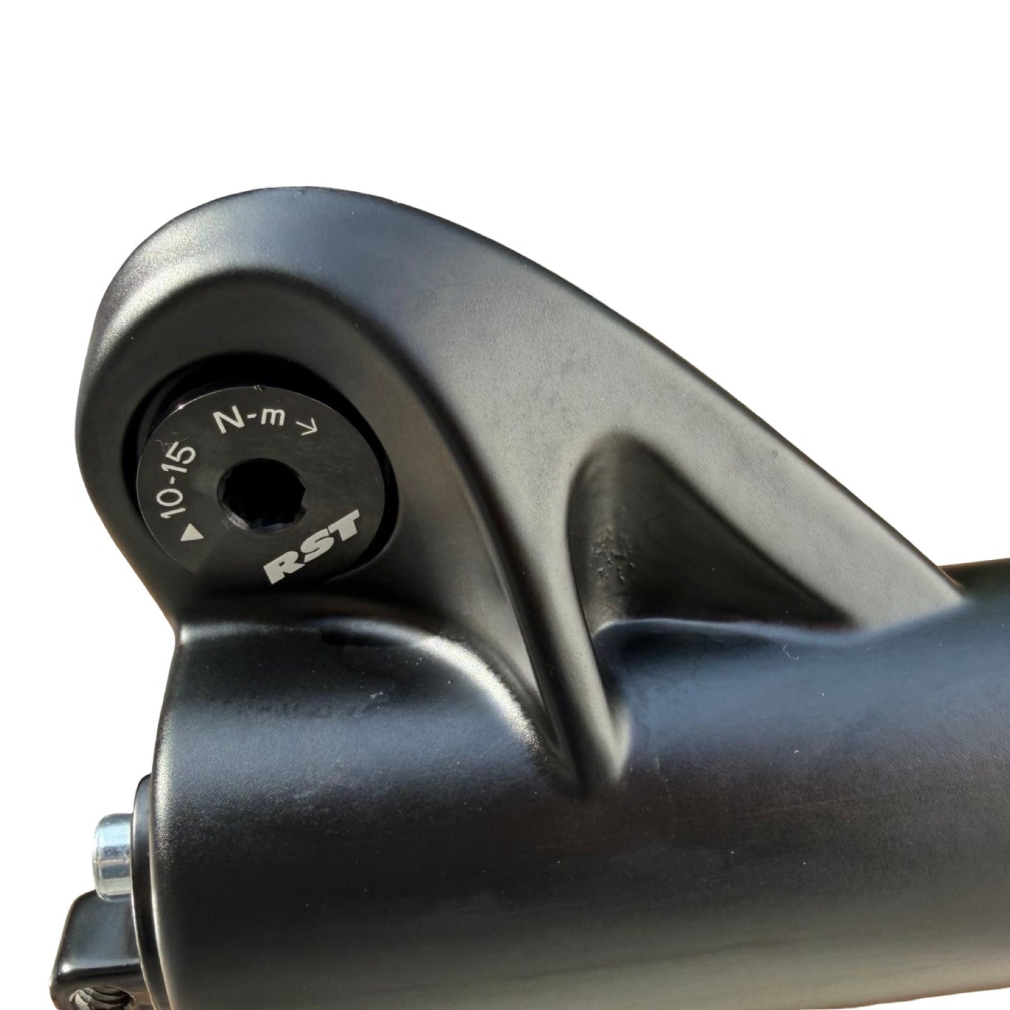 Close-up of an ElectricAllWheel RST Guide Dual Crown Fork (26” Fat Tire) plus Motorcycle Style LED Headlight Kit, showing the "RST" label, 10-15 N·m torque range, bolt hole, and smooth contours, commonly used for fat tire e-bikes.