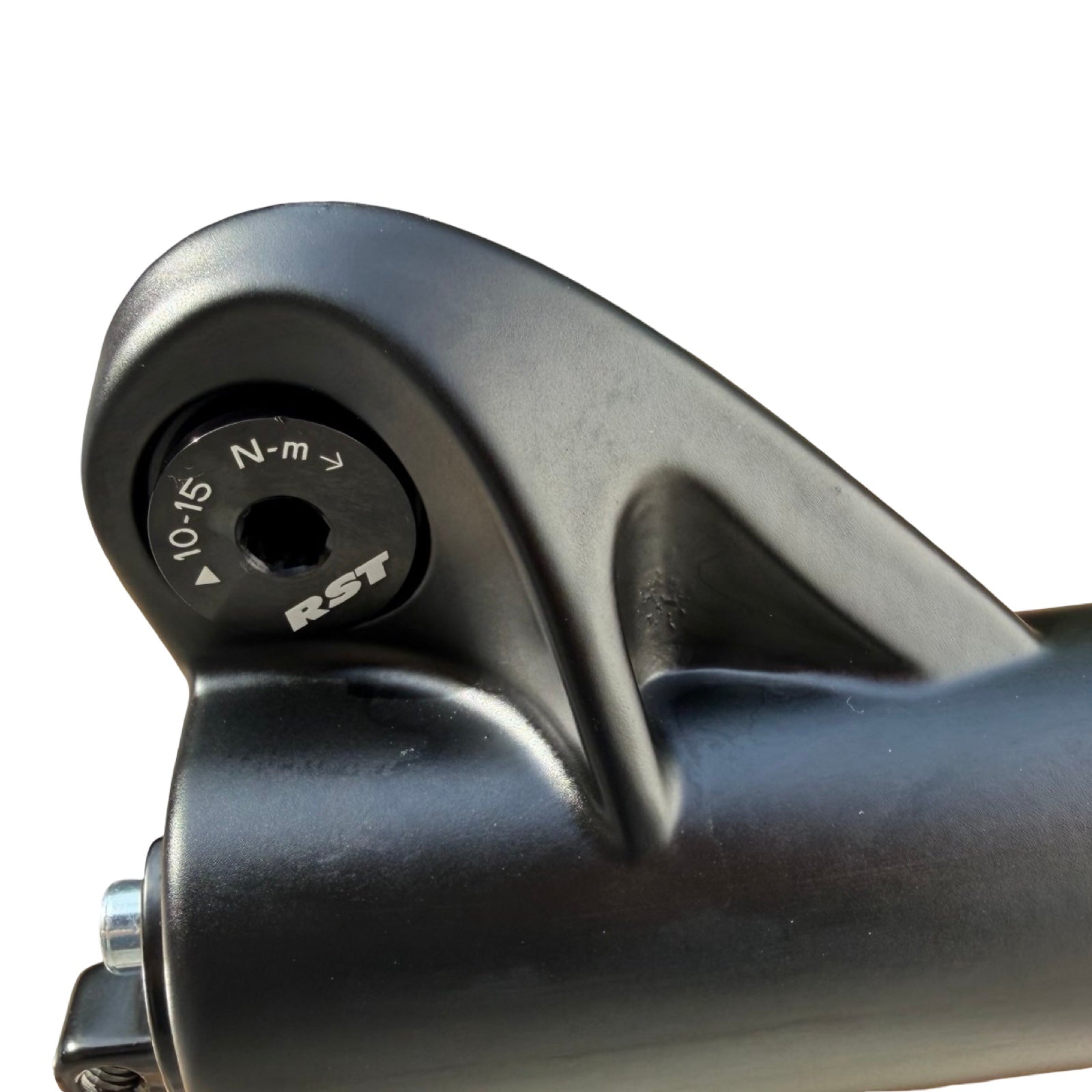 Close-up of an ElectricAllWheel RST Guide Dual Crown Fork (26” Fat Tire) plus Motorcycle Style LED Headlight Kit, showing the "RST" label, 10-15 N·m torque range, bolt hole, and smooth contours, commonly used for fat tire e-bikes.
